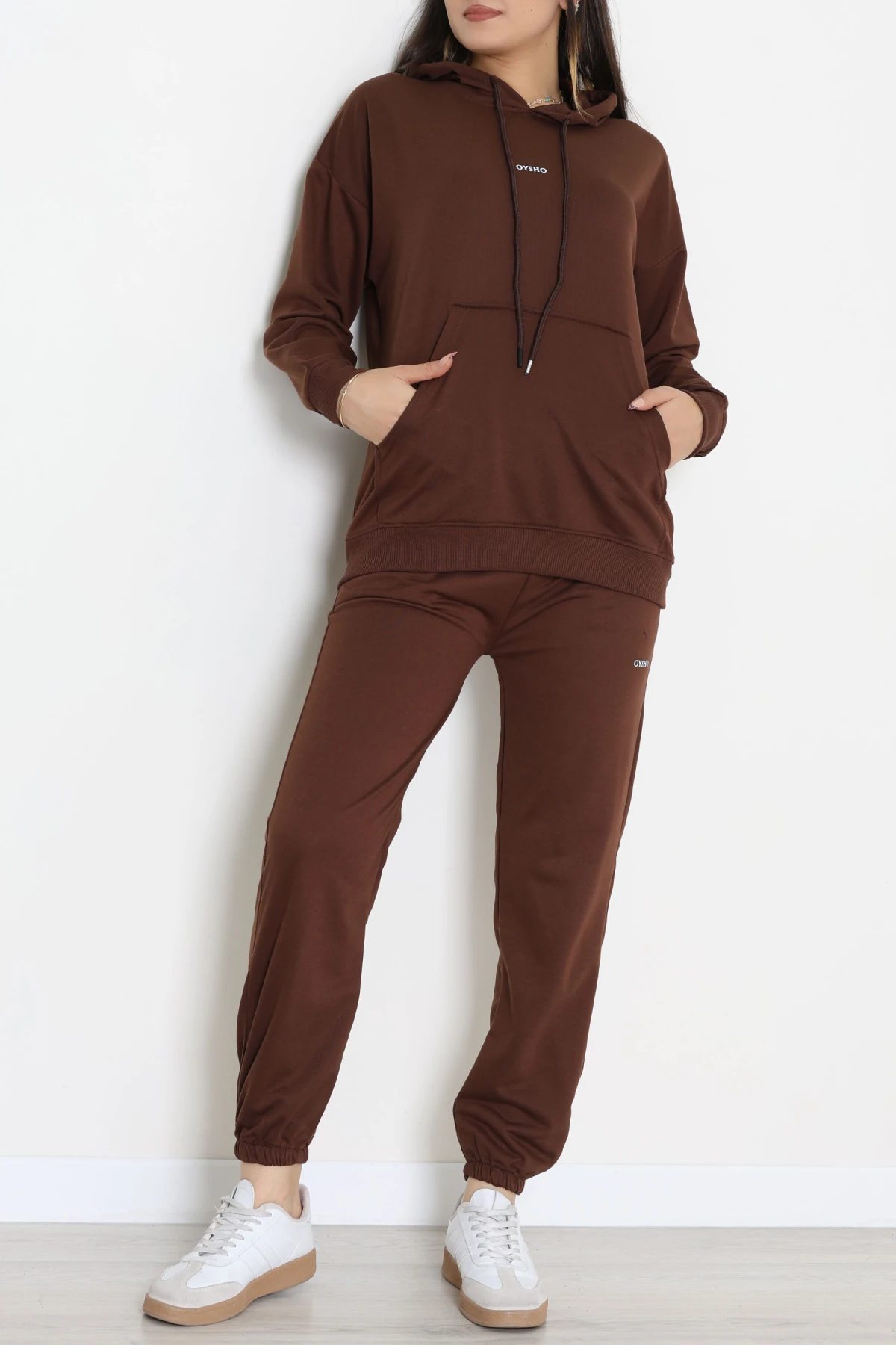 2 İplik Kapşonlu Baskılı Eşofman Takımı Acıkahve - 31319.1878.