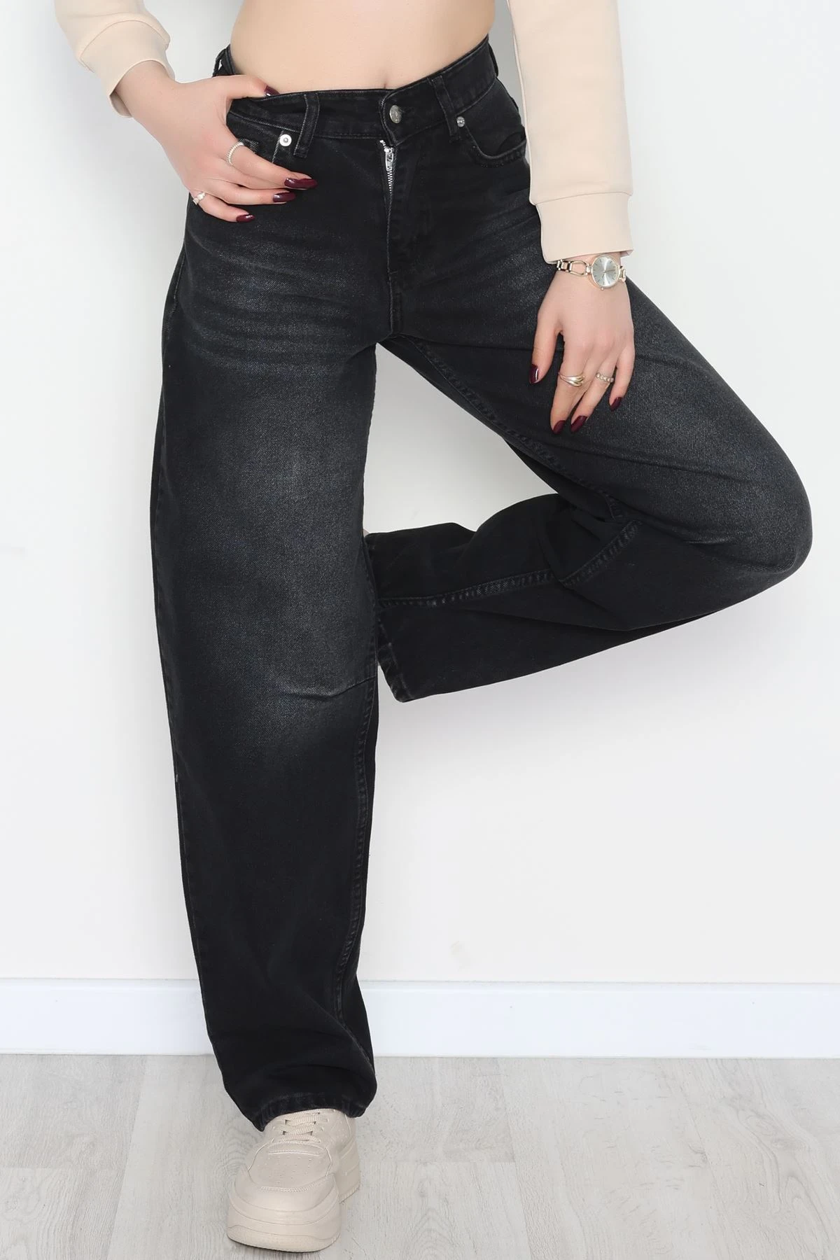 Arkası Tokalı Baggy Kot Pantolon Füme - 31712.2059.