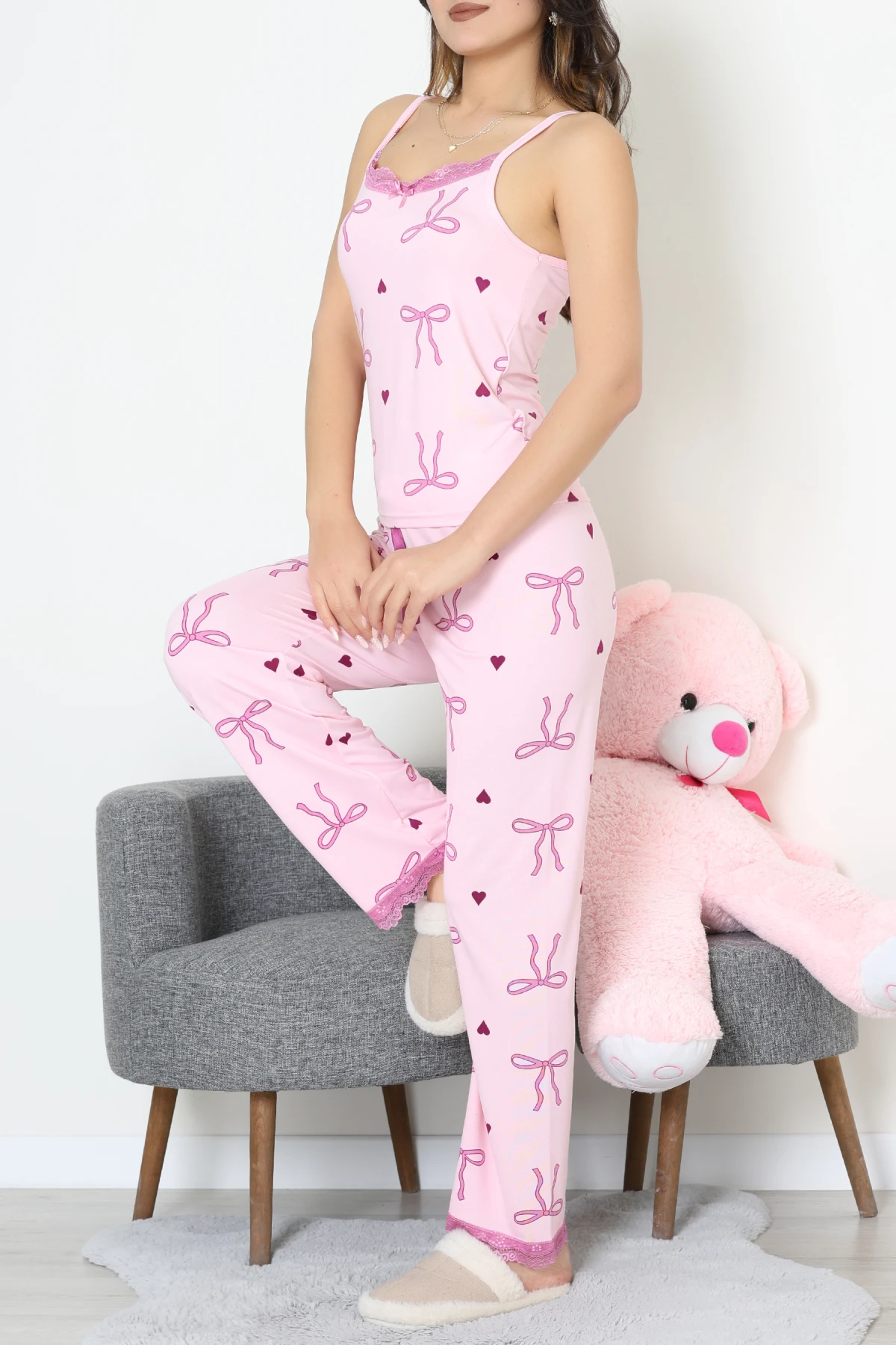 Baskılı İp Askılı Milan Pijama Takımı Pembe - 320.1287.