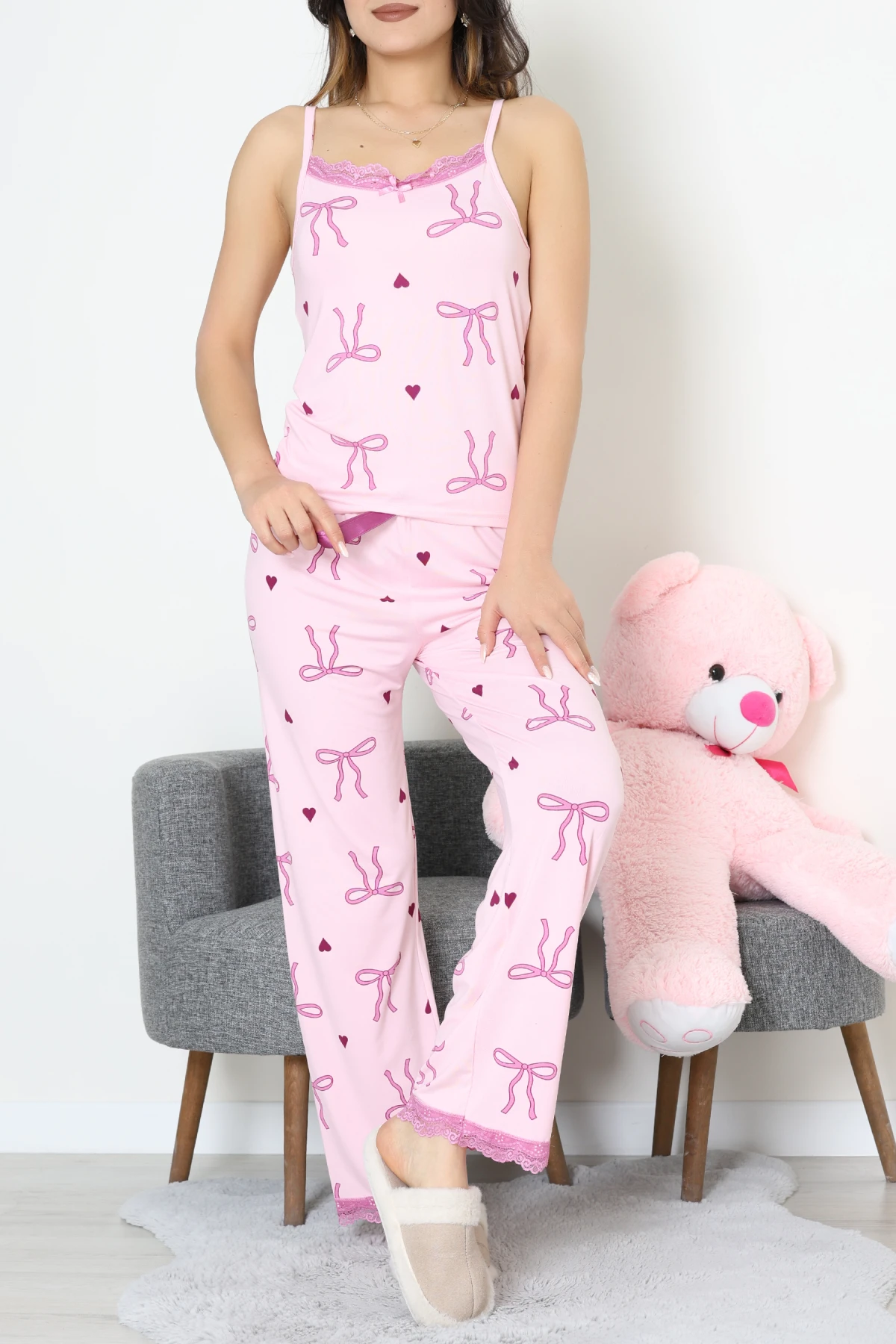 Baskılı İp Askılı Milan Pijama Takımı Pembe - 320.1287.