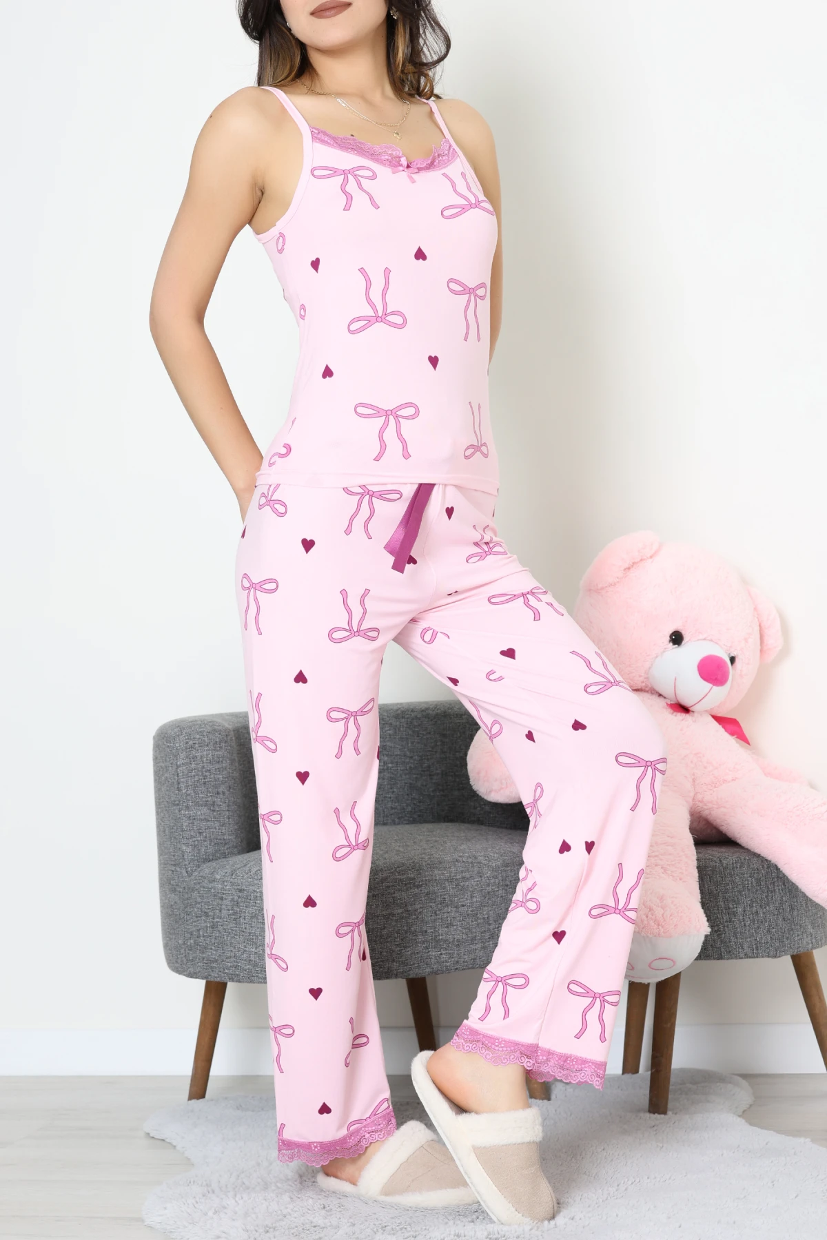 Baskılı İp Askılı Milan Pijama Takımı Pembe - 320.1287.