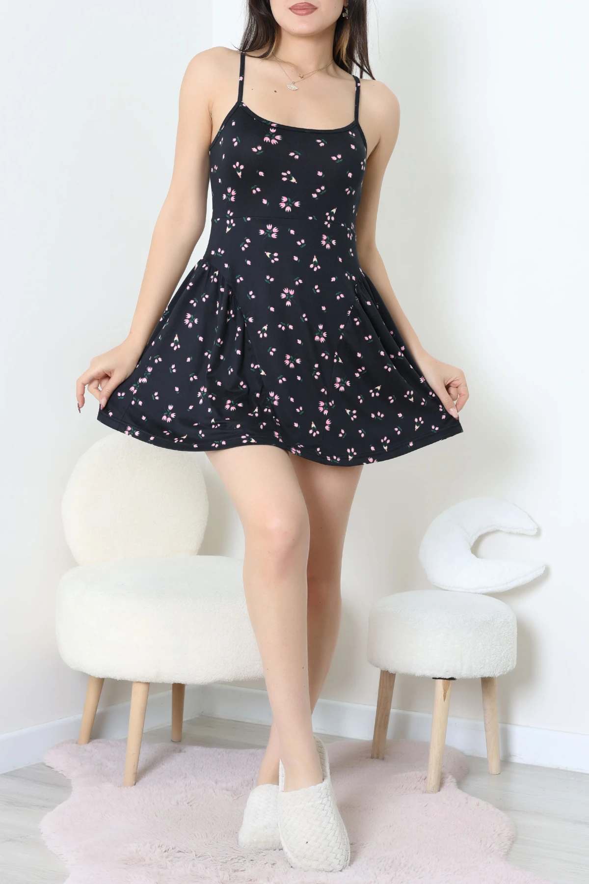 Milan Fırfırlı Gecelik Elbise Siyahçiçek - 32259.1857.