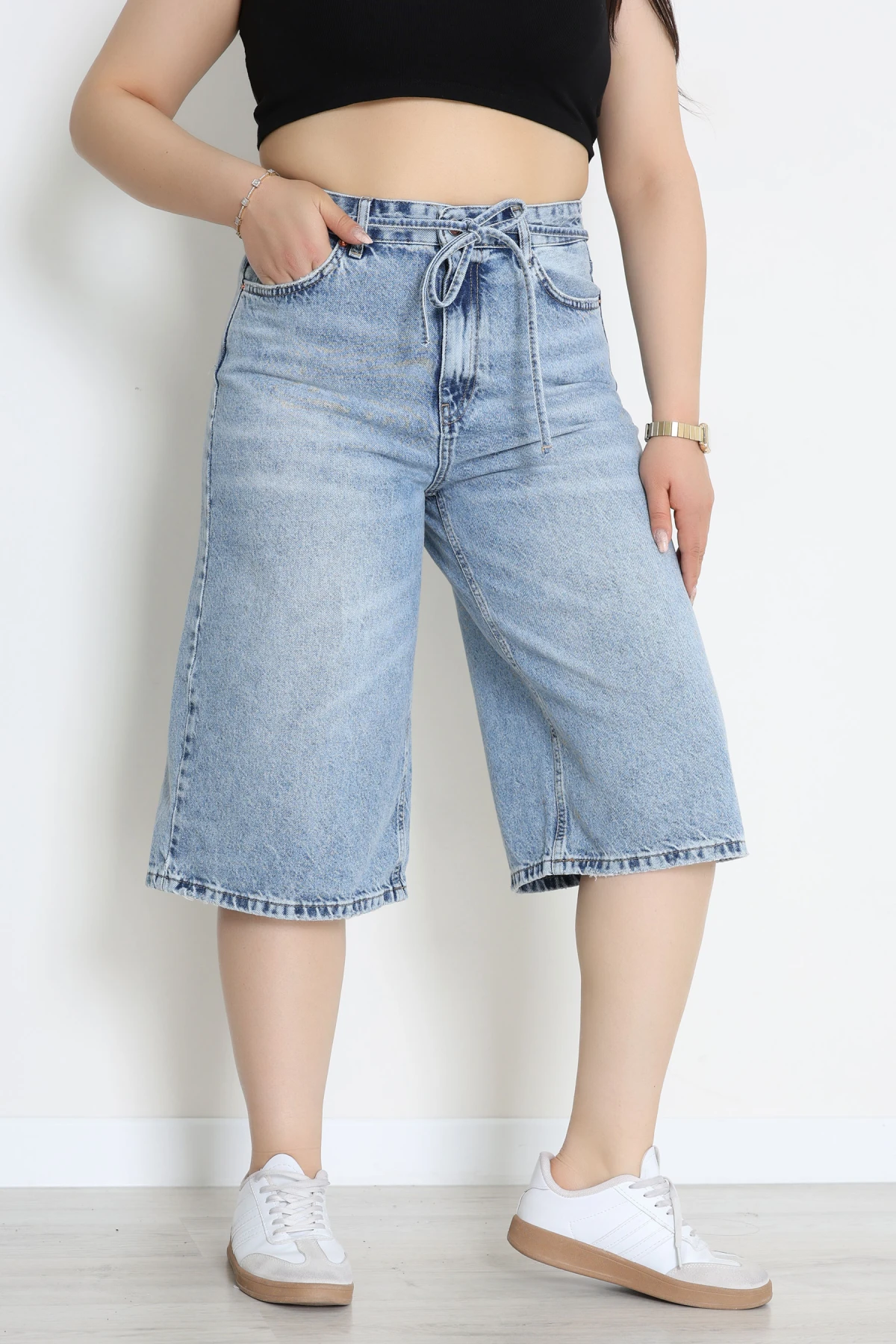 Büyük Beden İp Kemerli Kot Şort Mavi - 32270331.1968.