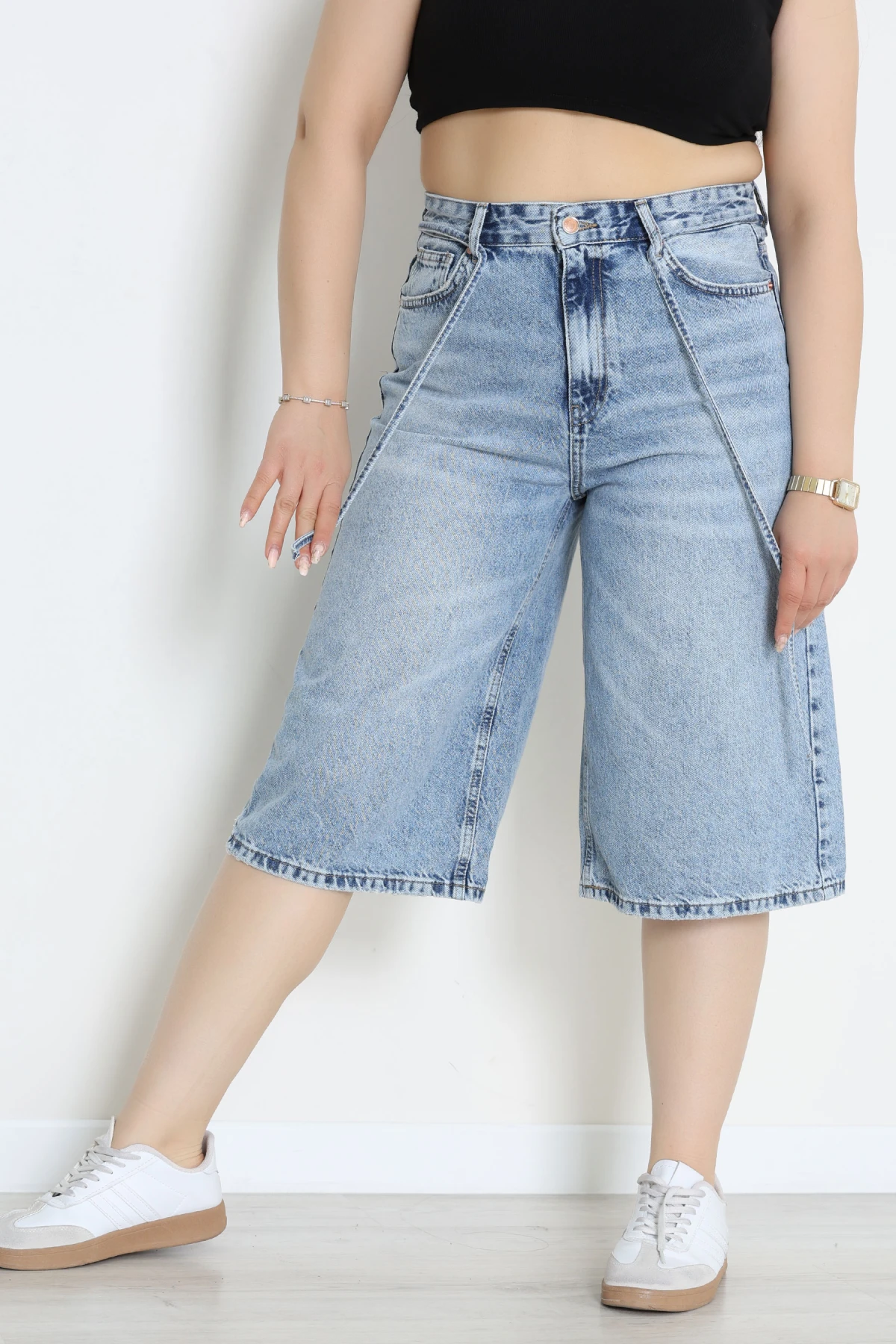 Büyük Beden İp Kemerli Kot Şort Mavi - 32270331.1968.