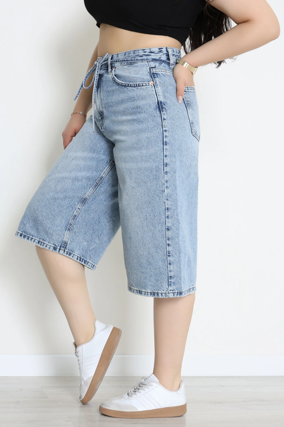 Büyük Beden İp Kemerli Kot Şort Mavi - 32270331.1968.