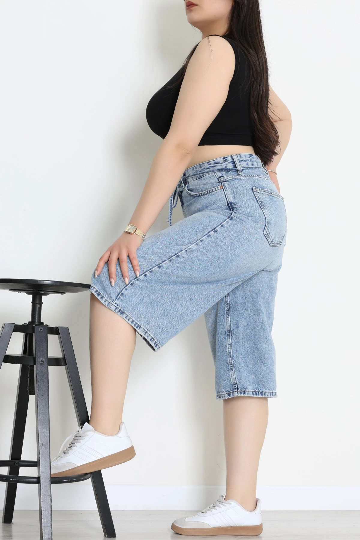 Büyük Beden İp Kemerli Kot Şort Mavi - 32270331.1968.