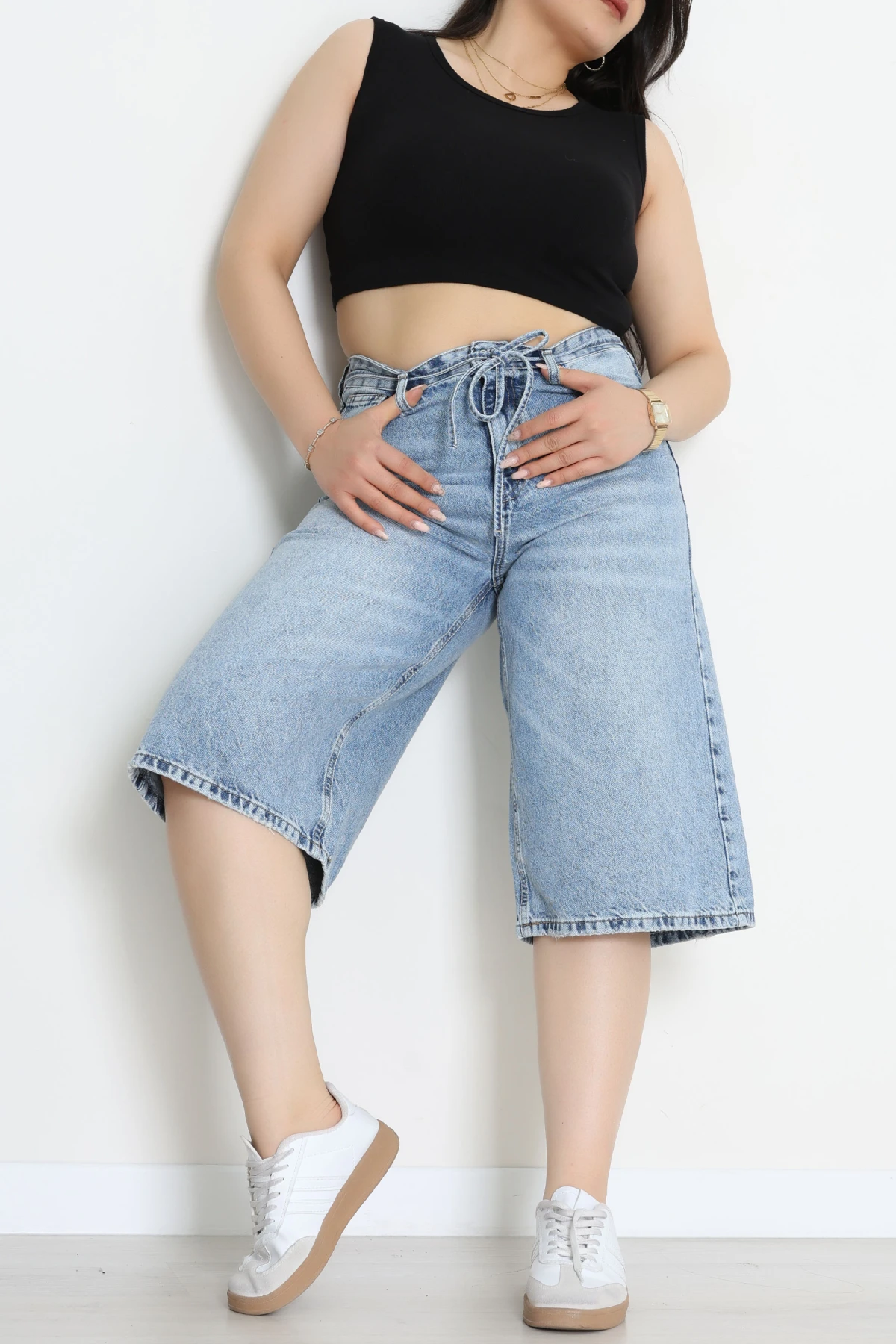 Büyük Beden İp Kemerli Kot Şort Mavi - 32270331.1968.