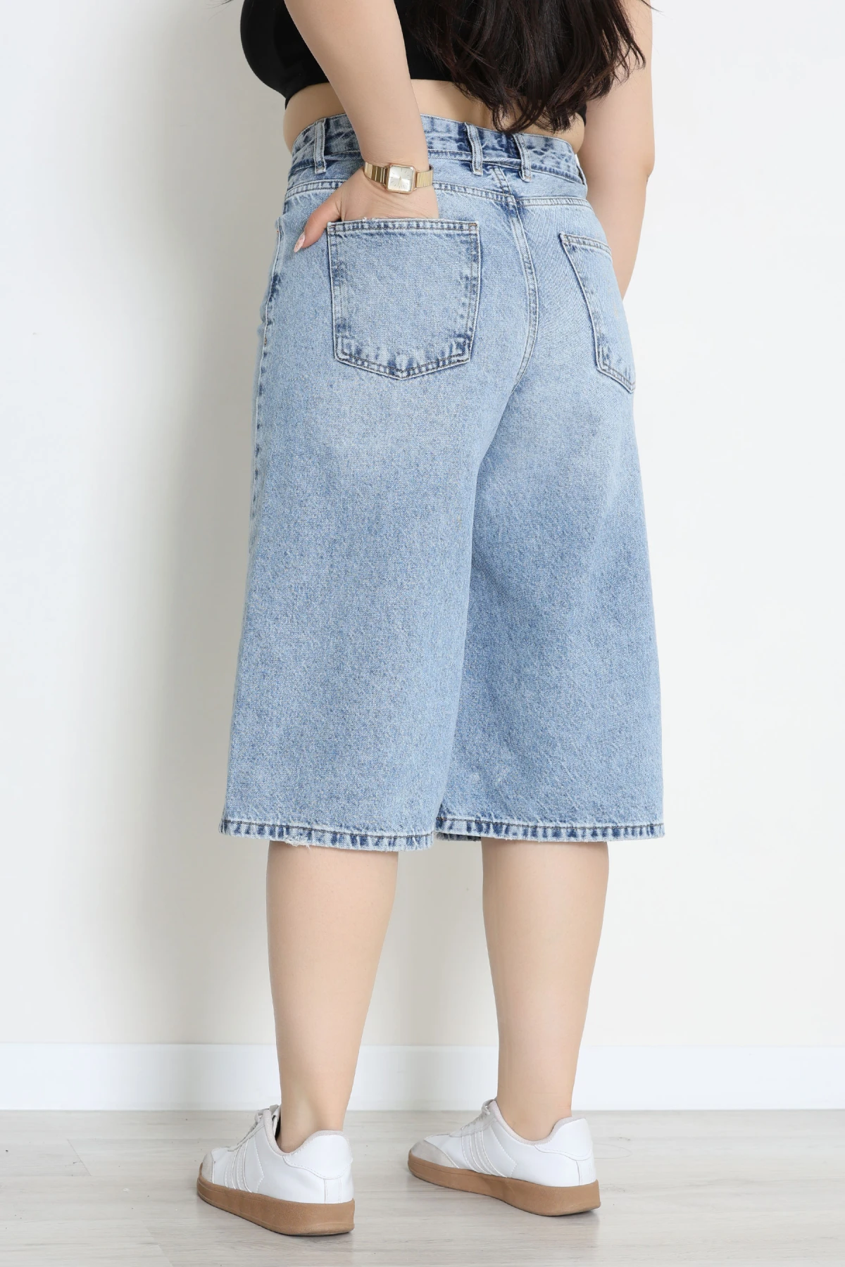 Büyük Beden İp Kemerli Kot Şort Mavi - 32270331.1968.