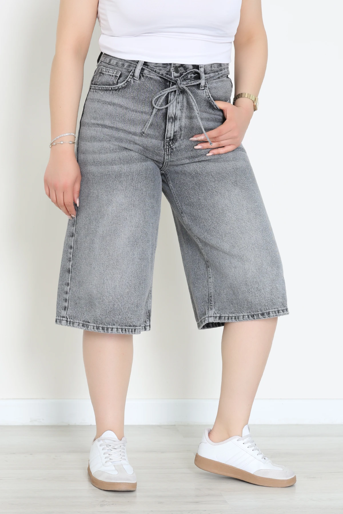 Büyük Beden İp Kemerli Kot Şort Gray - 32340061.1968.