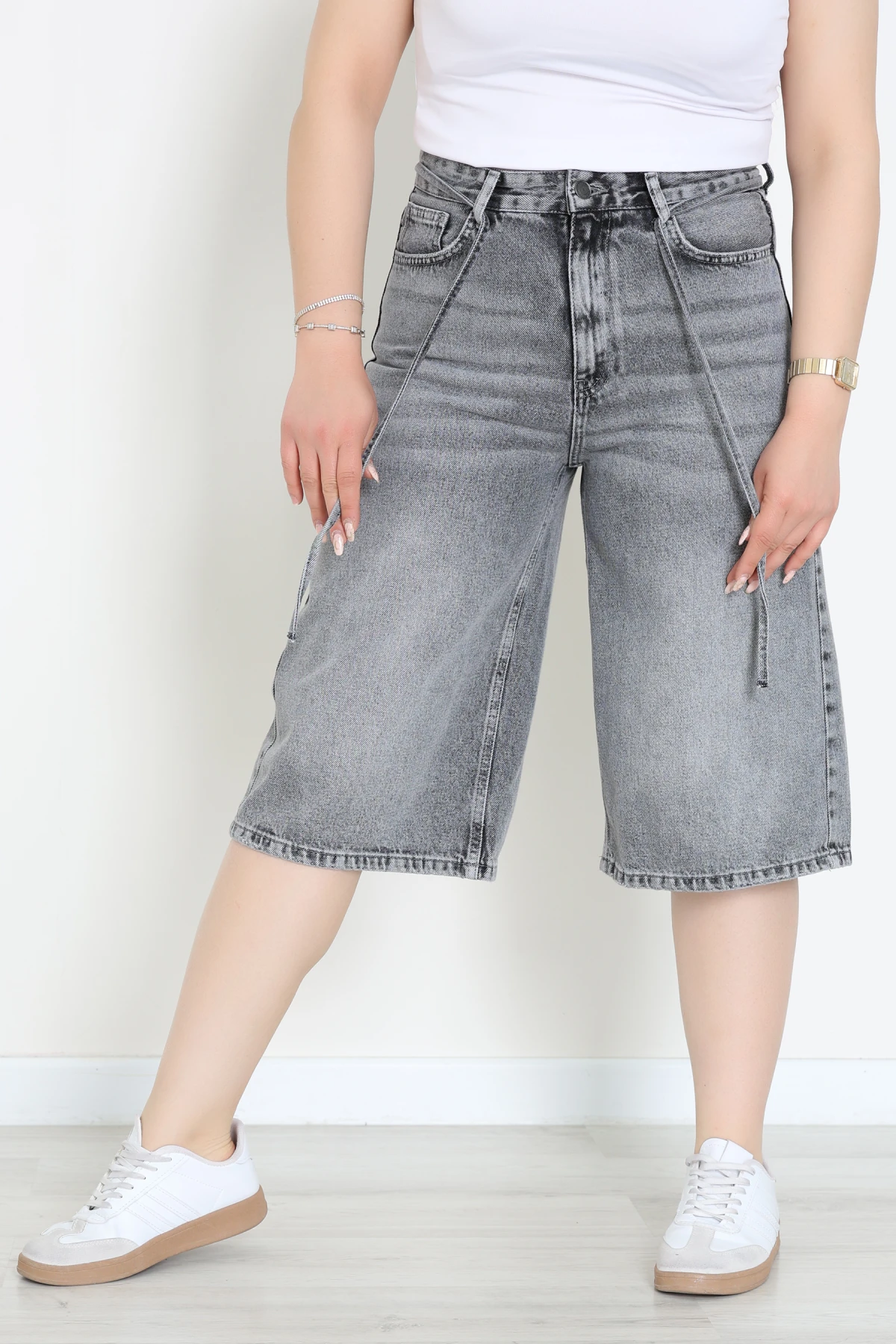 Büyük Beden İp Kemerli Kot Şort Gray - 32340061.1968.
