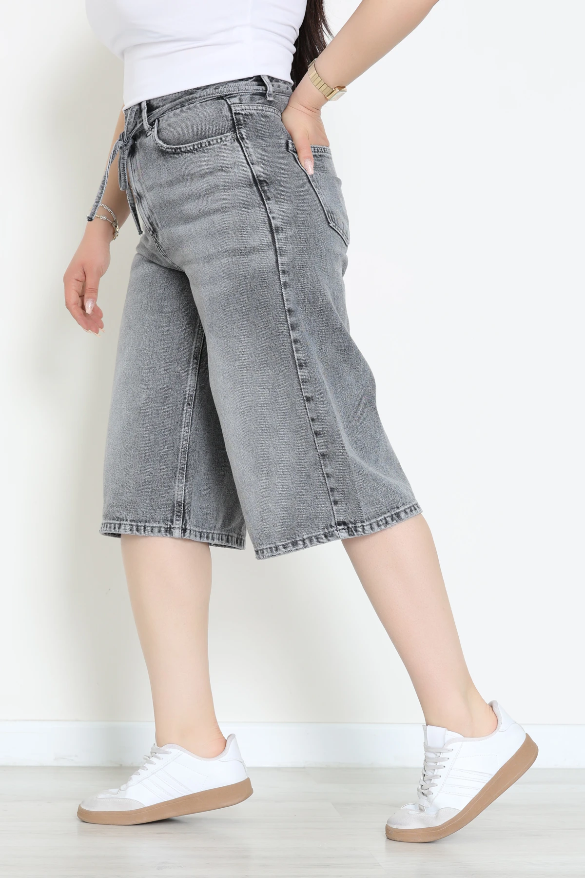 Büyük Beden İp Kemerli Kot Şort Gray - 32340061.1968.