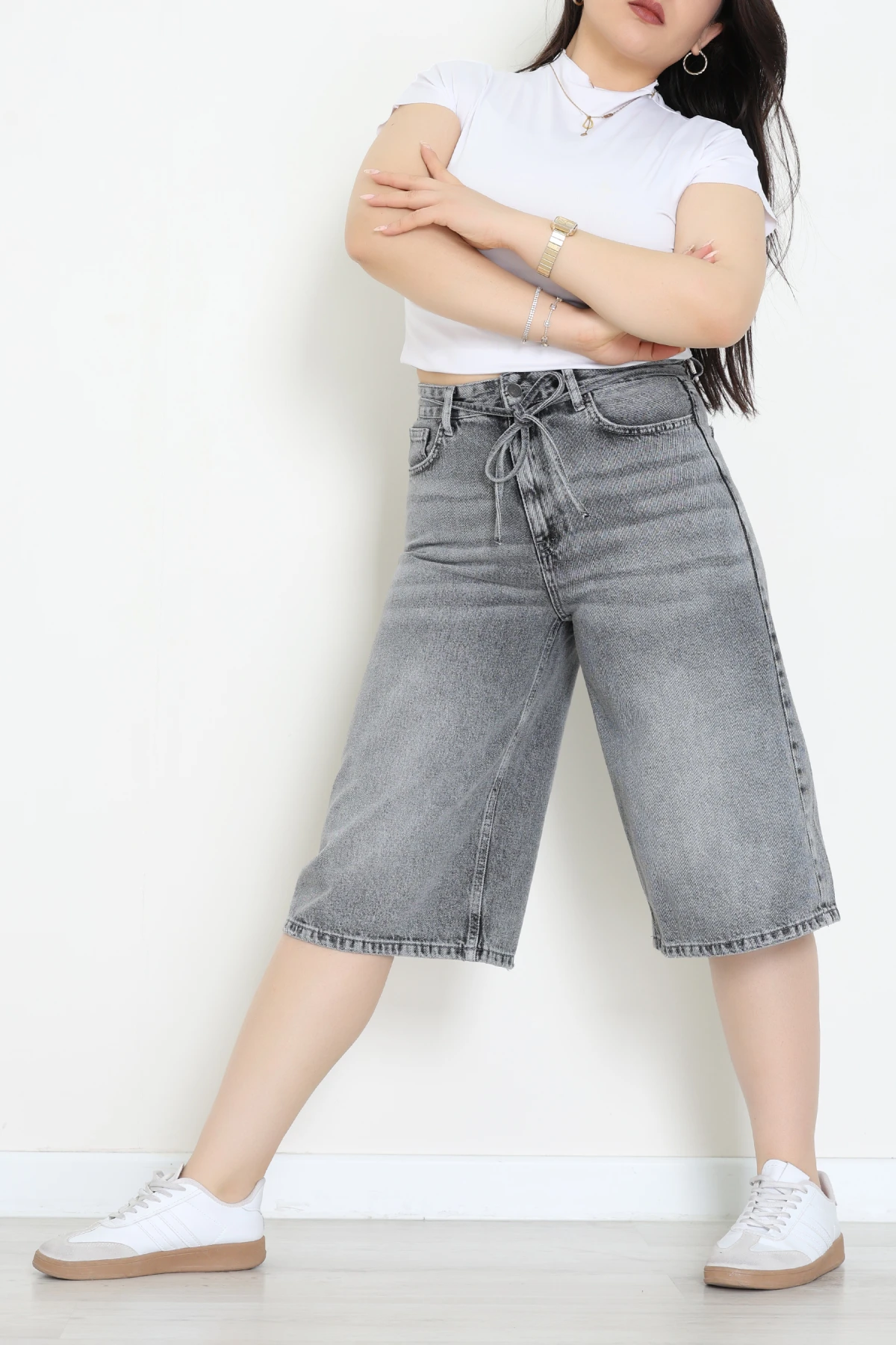 Büyük Beden İp Kemerli Kot Şort Gray - 32340061.1968.