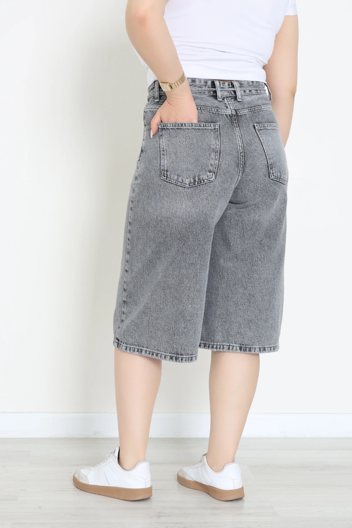 Büyük Beden İp Kemerli Kot Şort Gray - 32340061.1968.