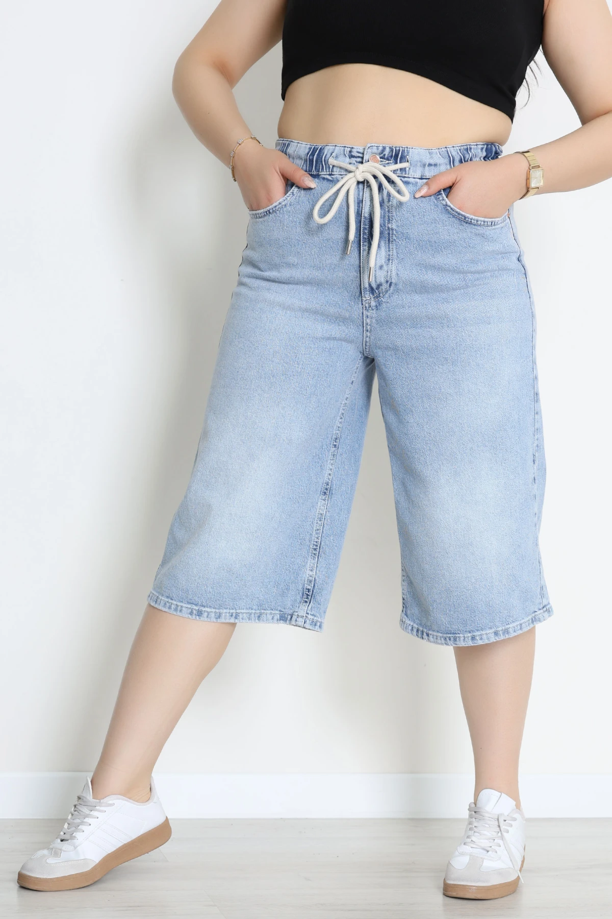 Büyük Beden İp Kemerli Kot Şort Mavi - 3239010.1968.