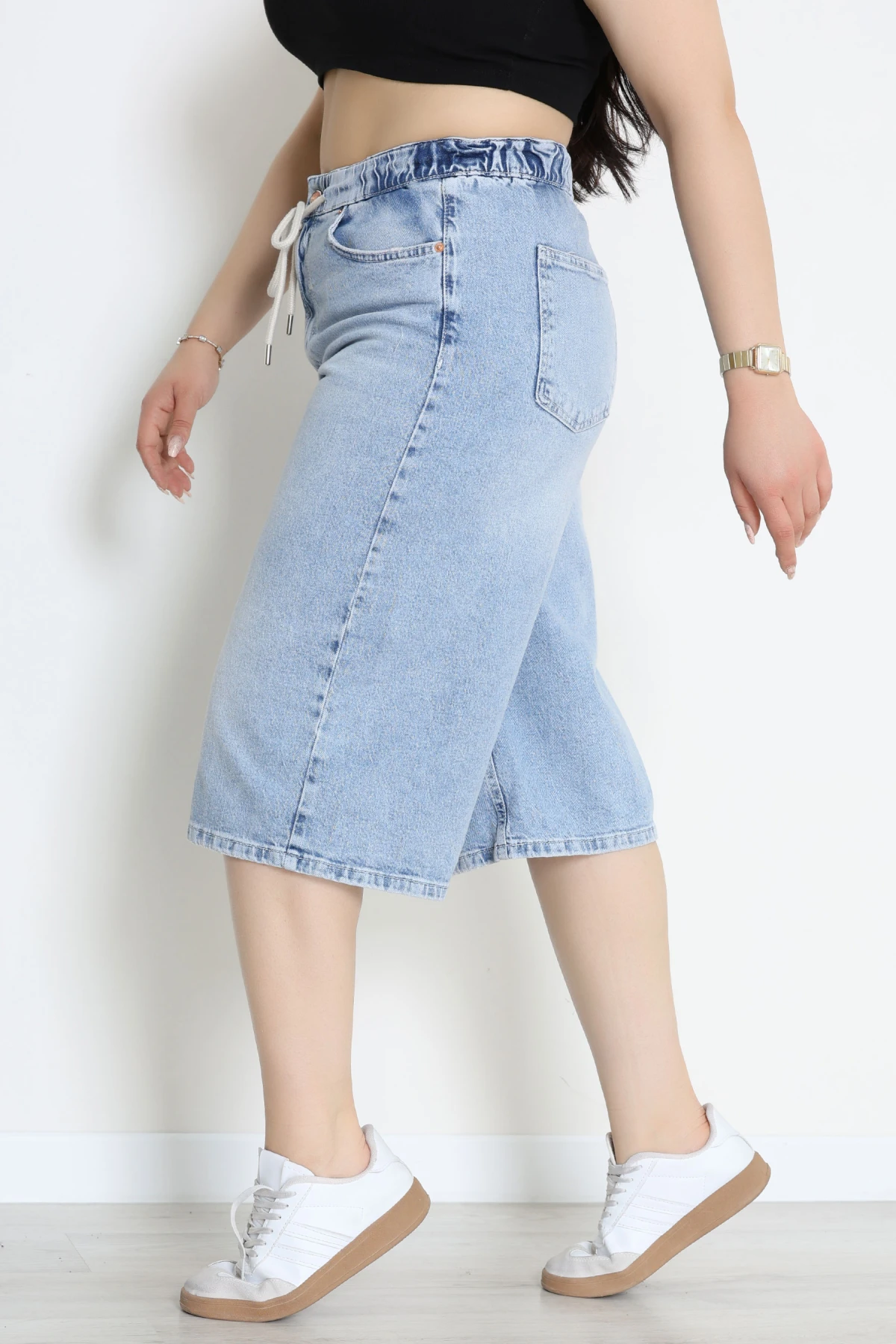 Büyük Beden İp Kemerli Kot Şort Mavi - 3239010.1968.