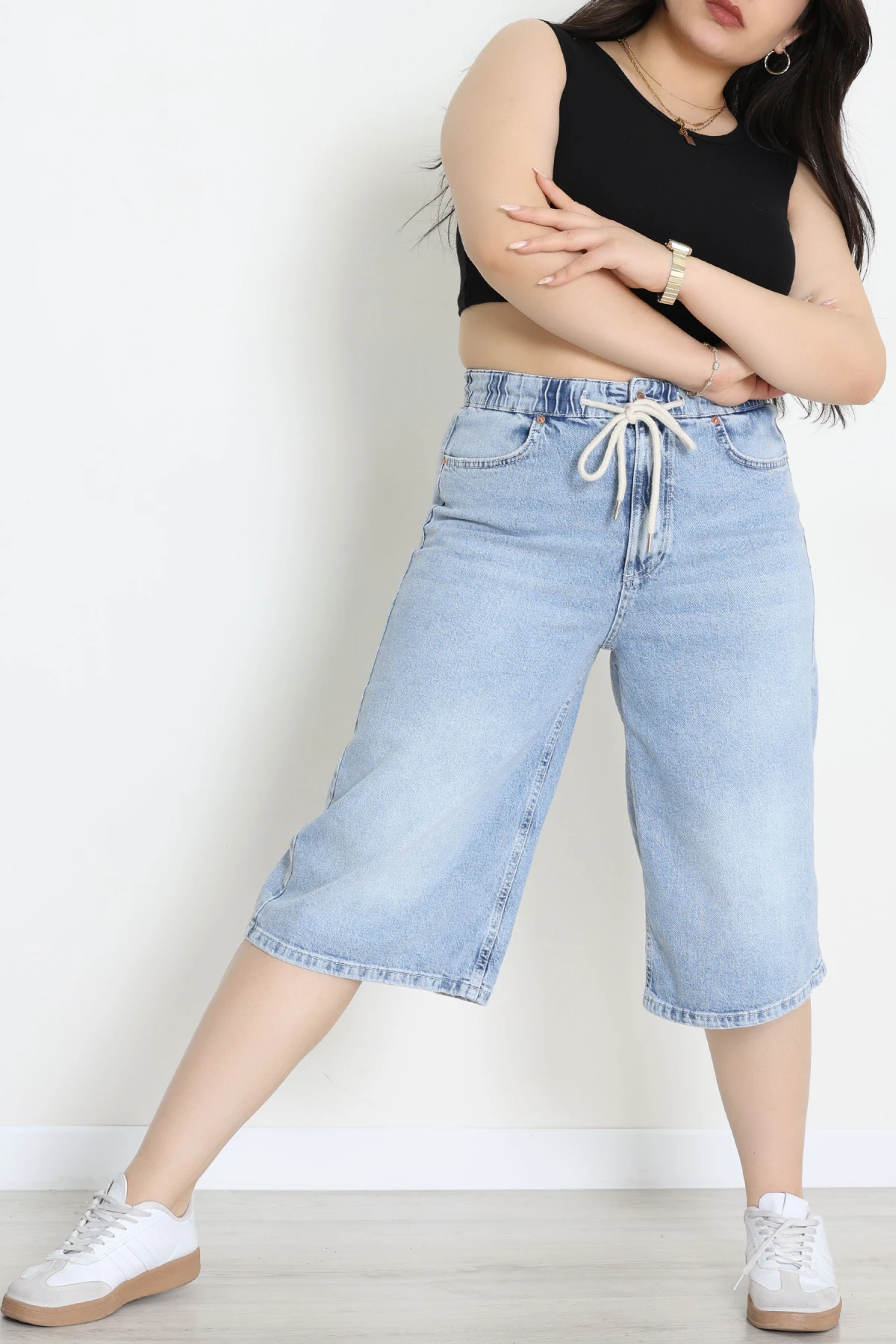 Büyük Beden İp Kemerli Kot Şort Mavi - 3239010.1968.