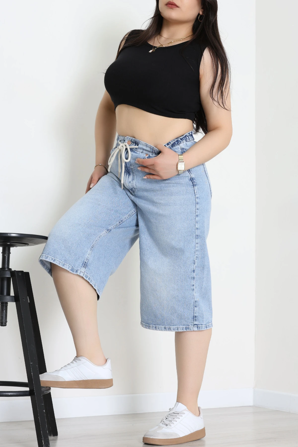 Büyük Beden İp Kemerli Kot Şort Mavi - 3239010.1968.