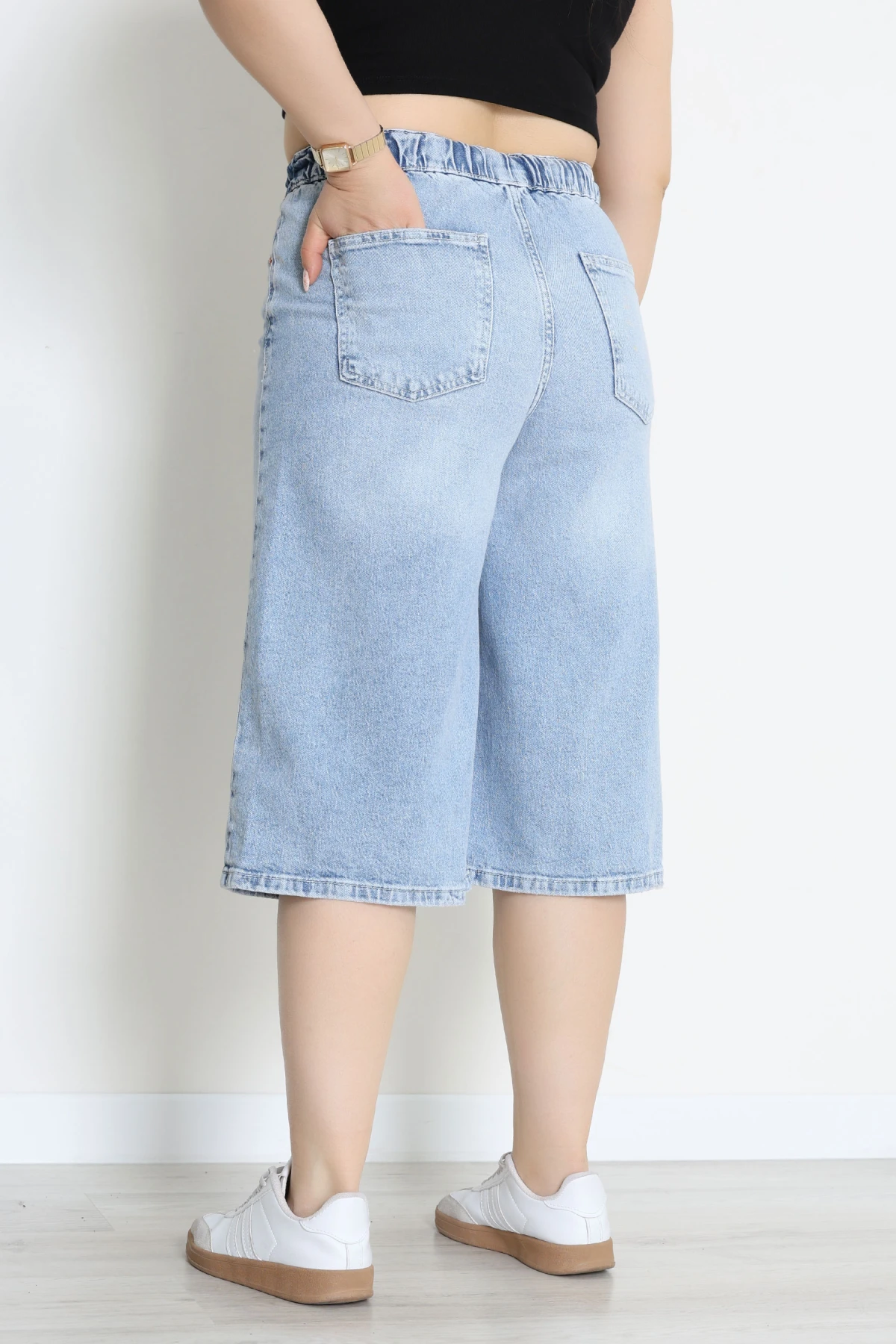 Büyük Beden İp Kemerli Kot Şort Mavi - 3239010.1968.