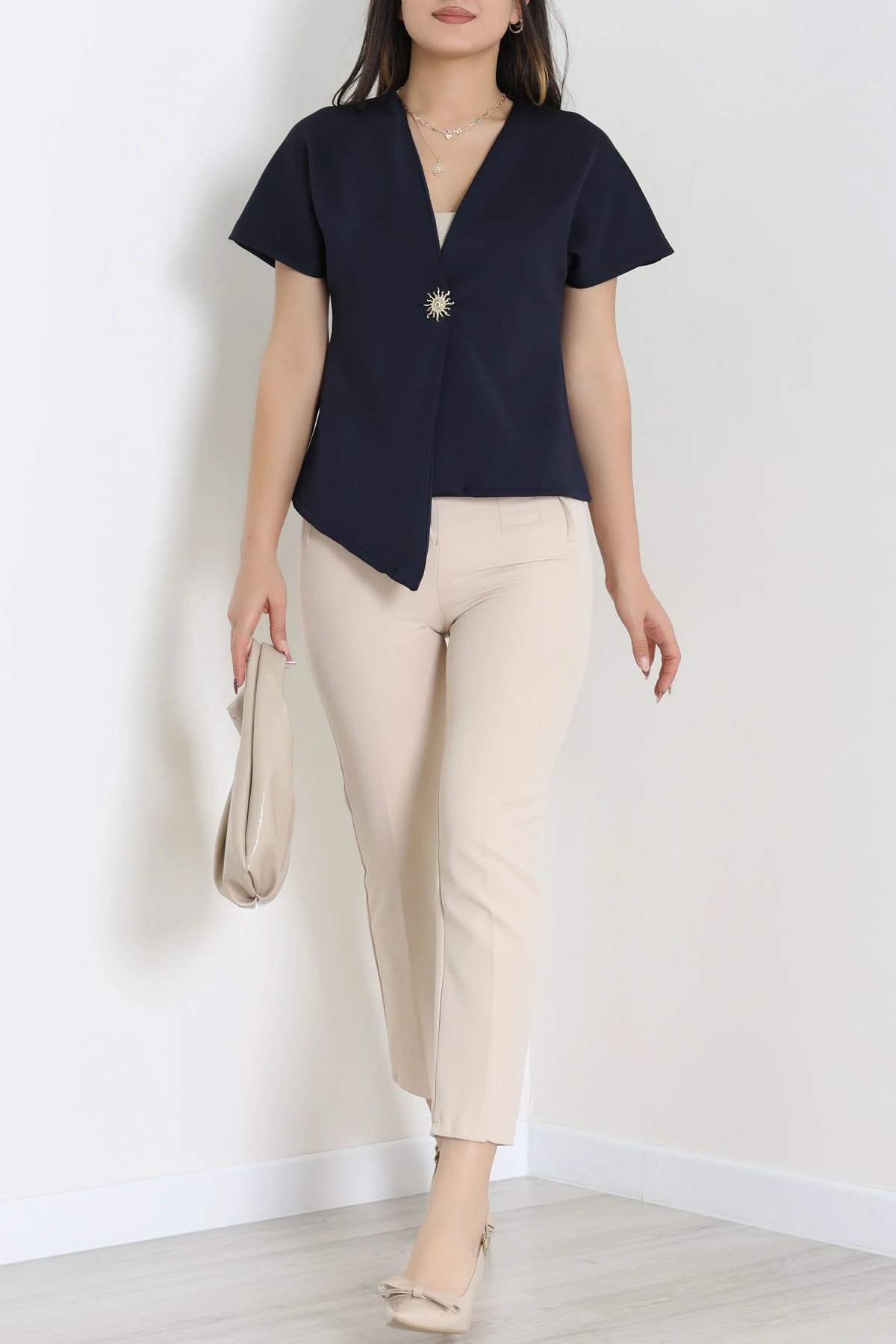 Asimetrik Scuba Kumaş Gold Düğmeli Ceket Lacivert - 32455.2023.