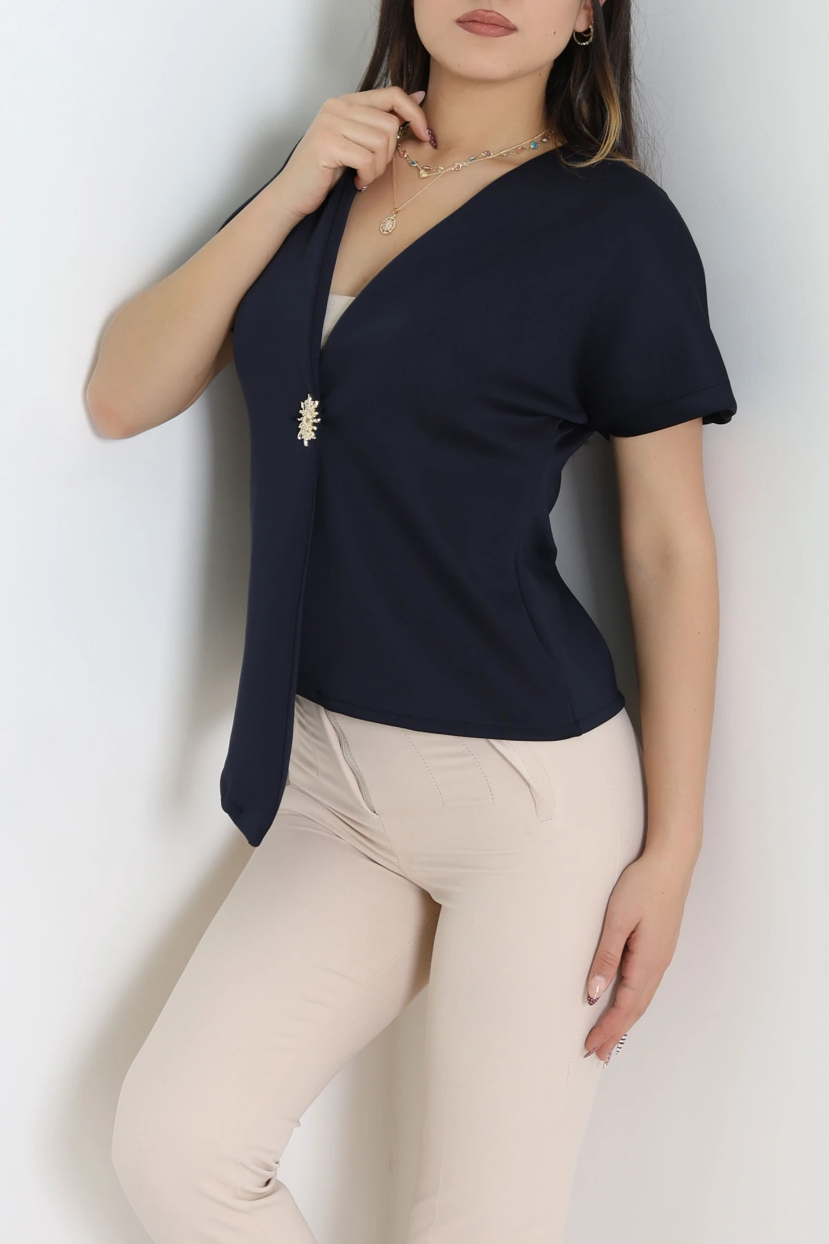 Asimetrik Scuba Kumaş Gold Düğmeli Ceket Lacivert - 32455.2023.