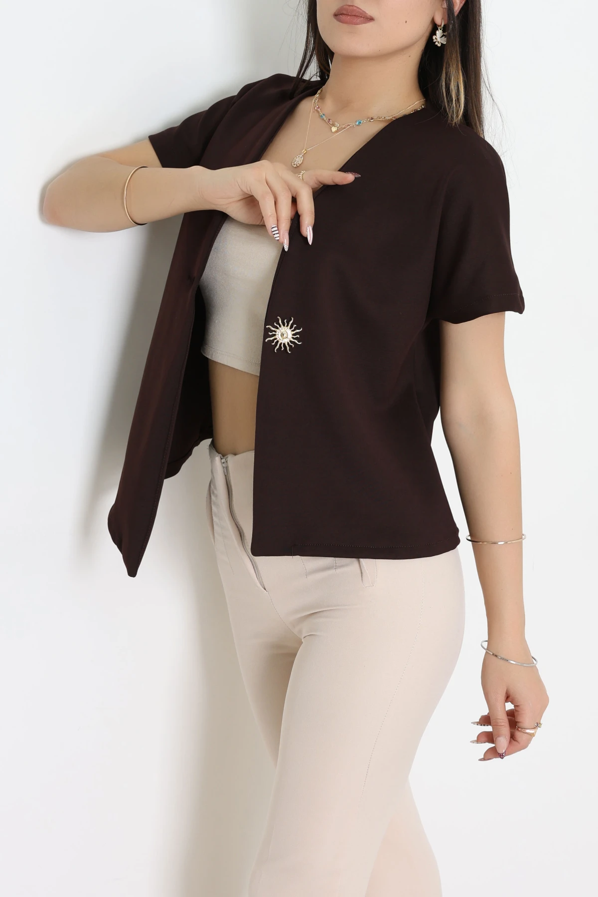 Asimetrik Scuba Kumaş Gold Düğmeli Ceket Acıkahve - 32455.2023.