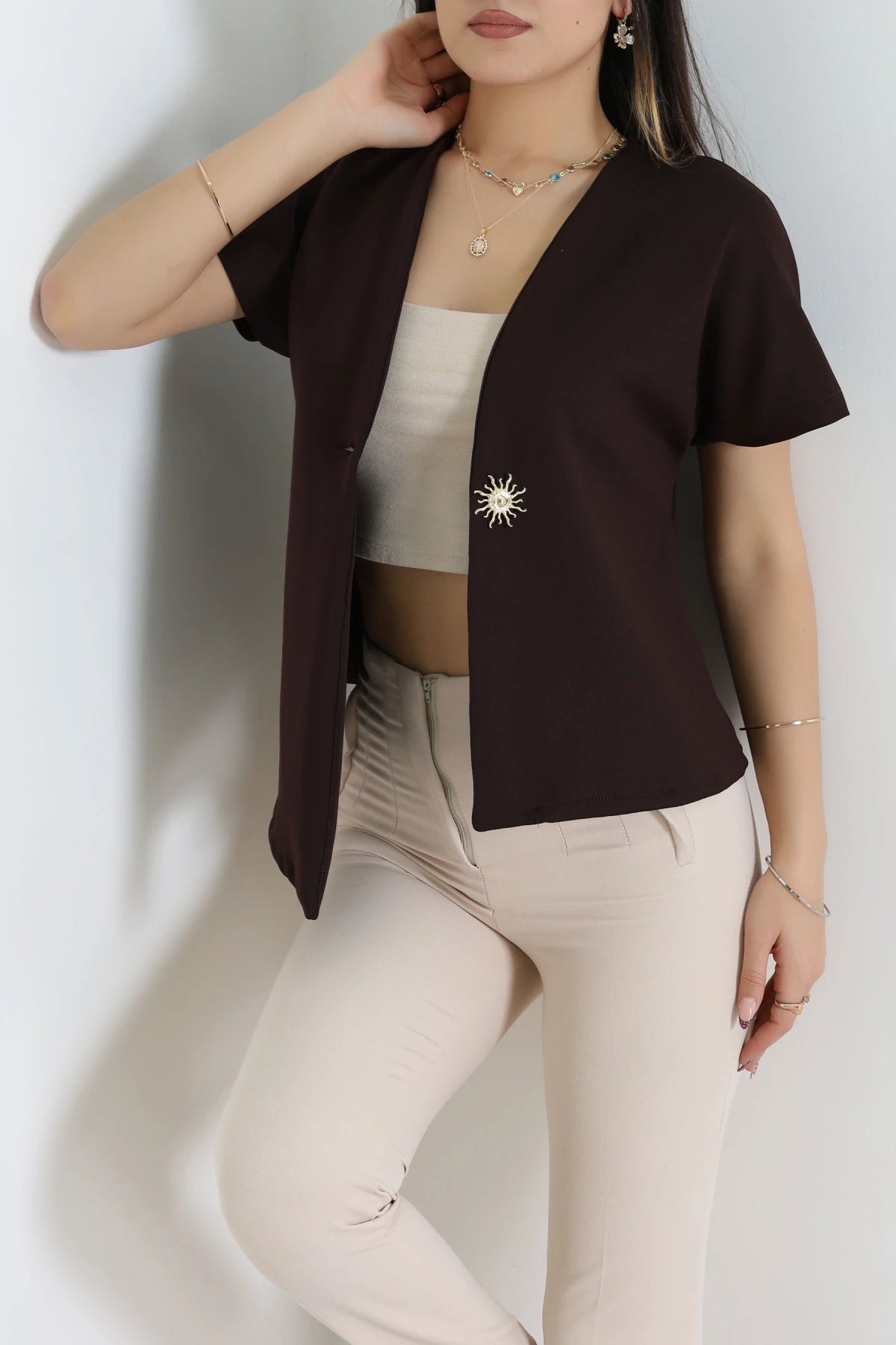 Asimetrik Scuba Kumaş Gold Düğmeli Ceket Acıkahve - 32455.2023.