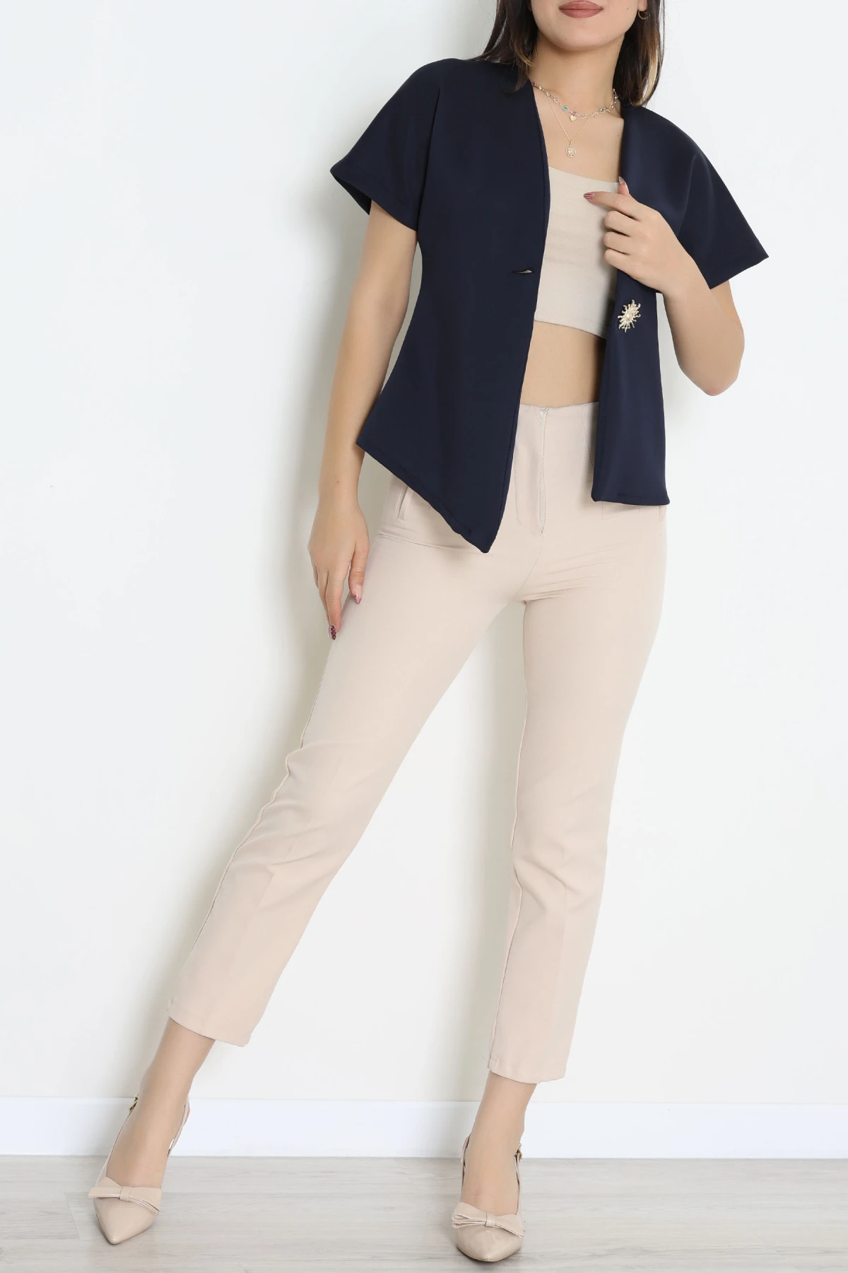 Asimetrik Scuba Kumaş Gold Düğmeli Ceket Lacivert - 32455.2023.