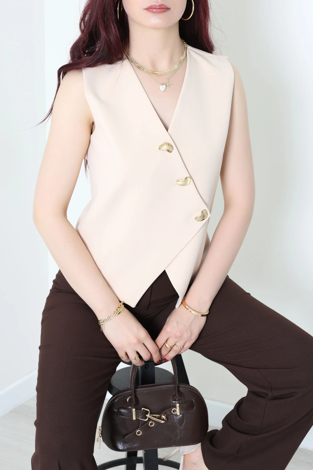 Asimetrik Kesim Astarlı Dabıl Yelek Bej - 32457.1991.