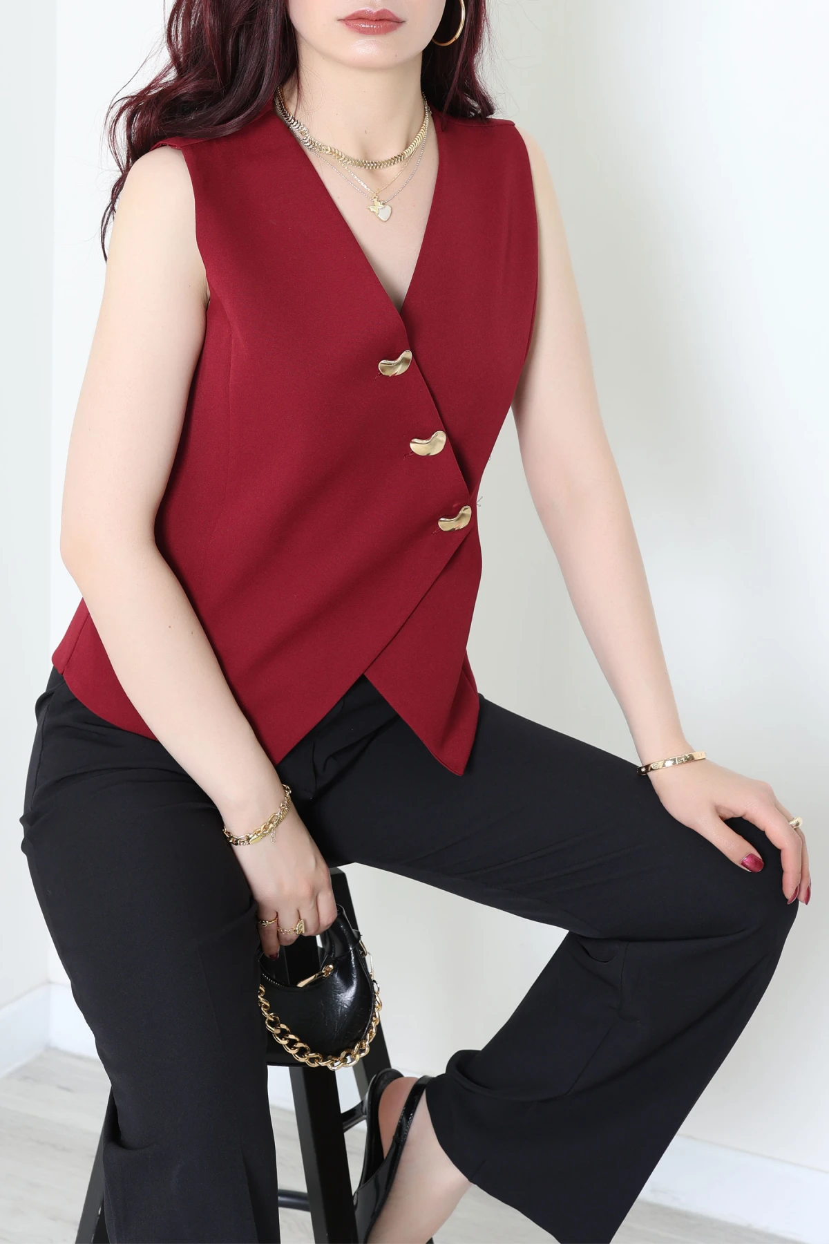 Asimetrik Kesim Astarlı Dabıl Yelek Bordo - 32457.1991.