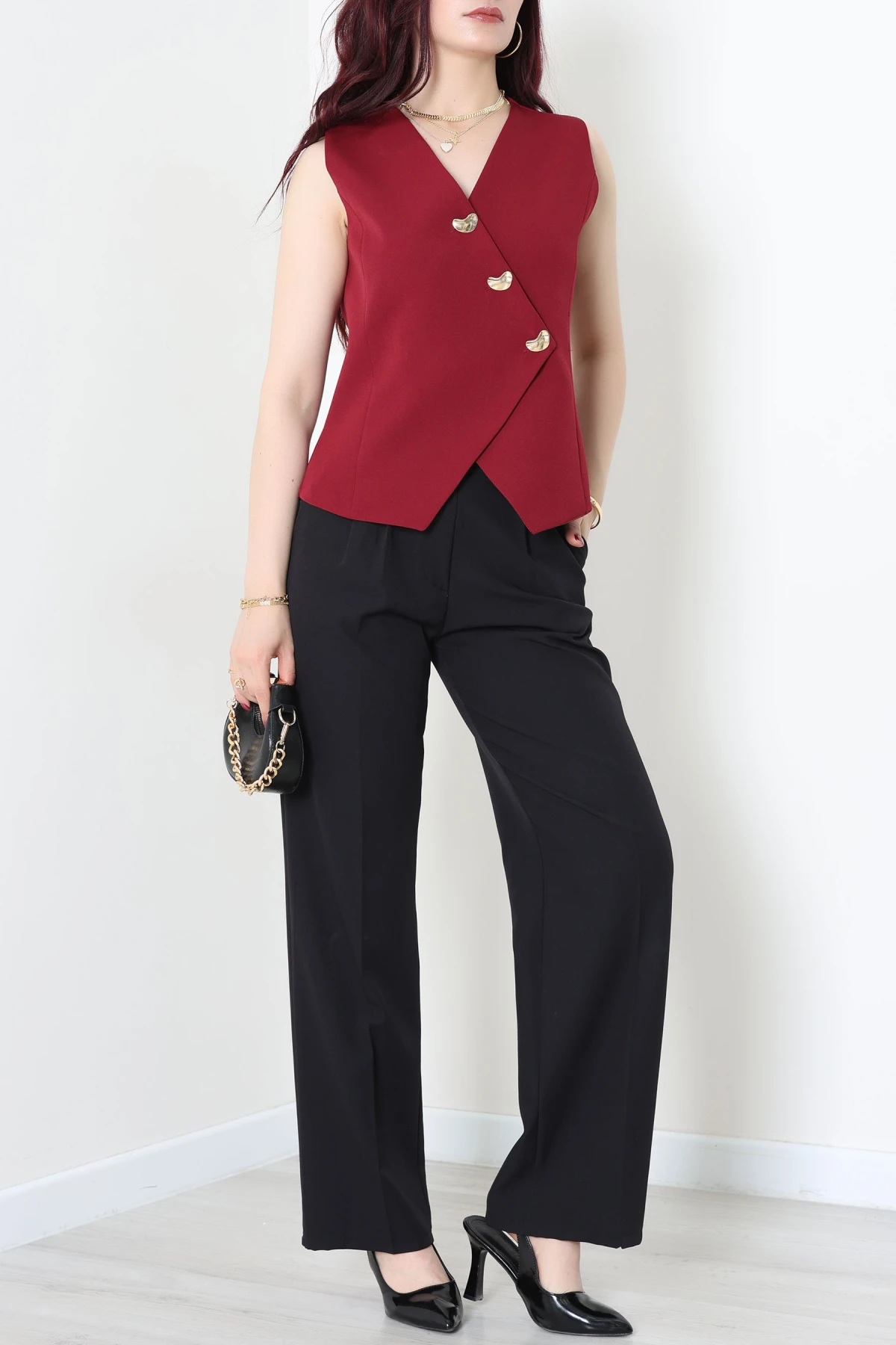 Asimetrik Kesim Astarlı Dabıl Yelek Bordo - 32457.1991.