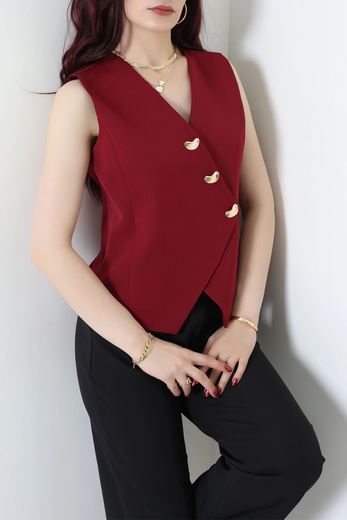 Asimetrik Kesim Astarlı Dabıl Yelek Bordo - 32457.1991.