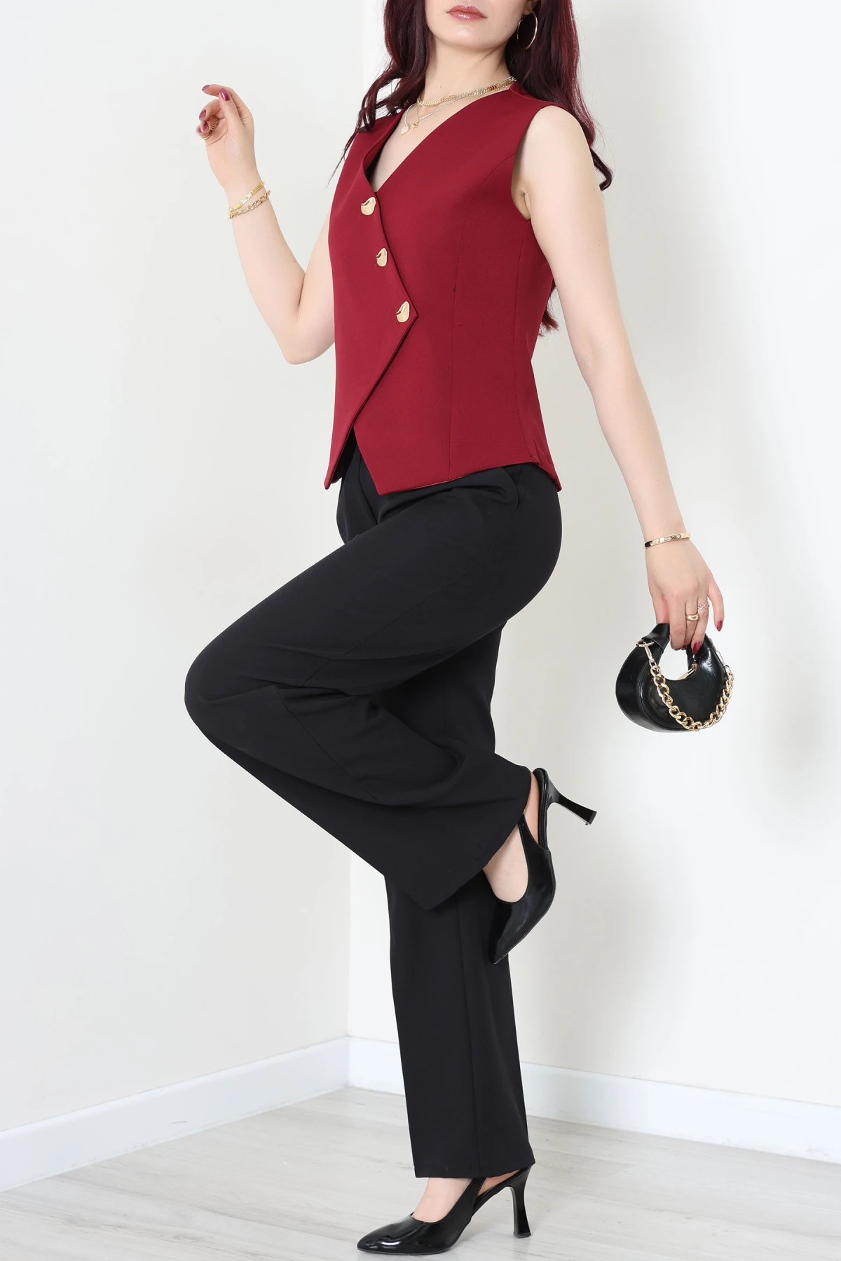 Asimetrik Kesim Astarlı Dabıl Yelek Bordo - 32457.1991.