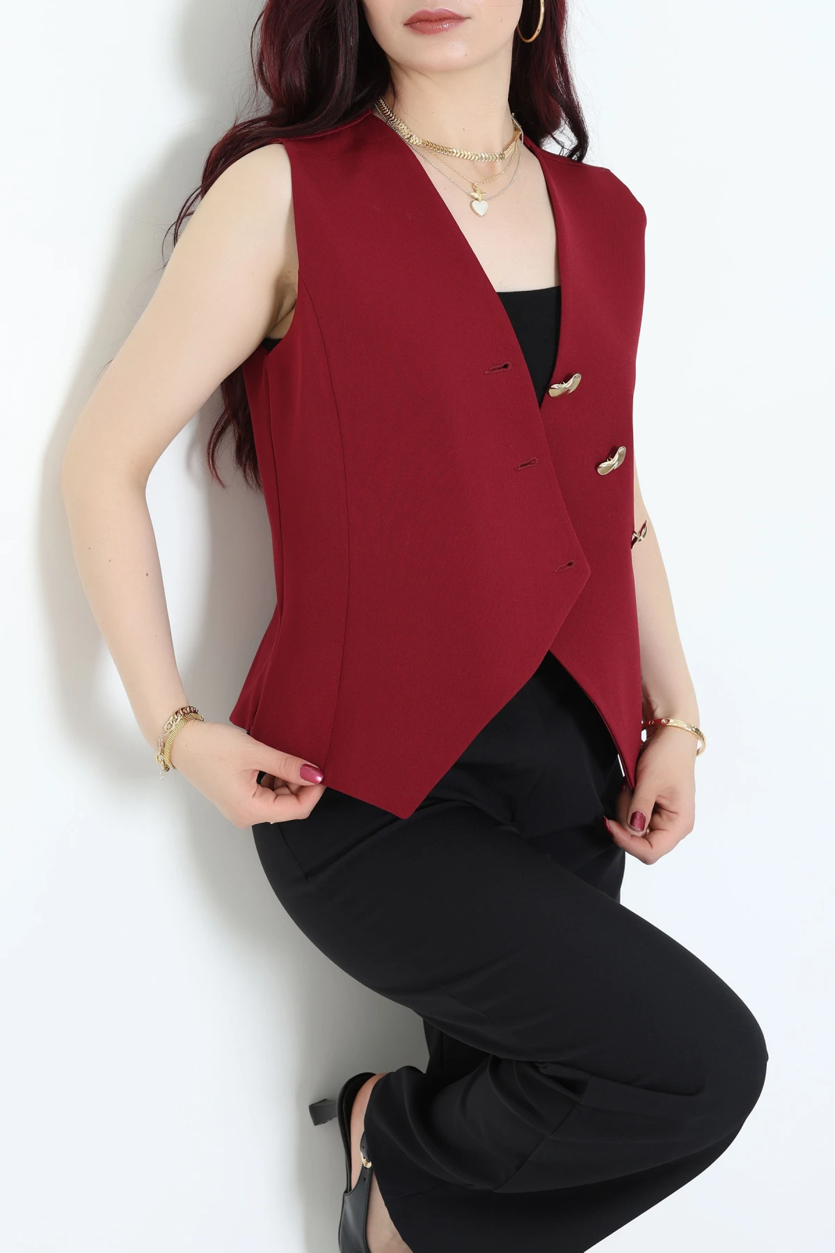 Asimetrik Kesim Astarlı Dabıl Yelek Bordo - 32457.1991.