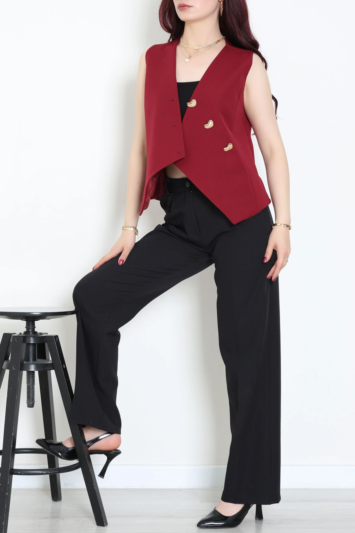 Asimetrik Kesim Astarlı Dabıl Yelek Bordo - 32457.1991.