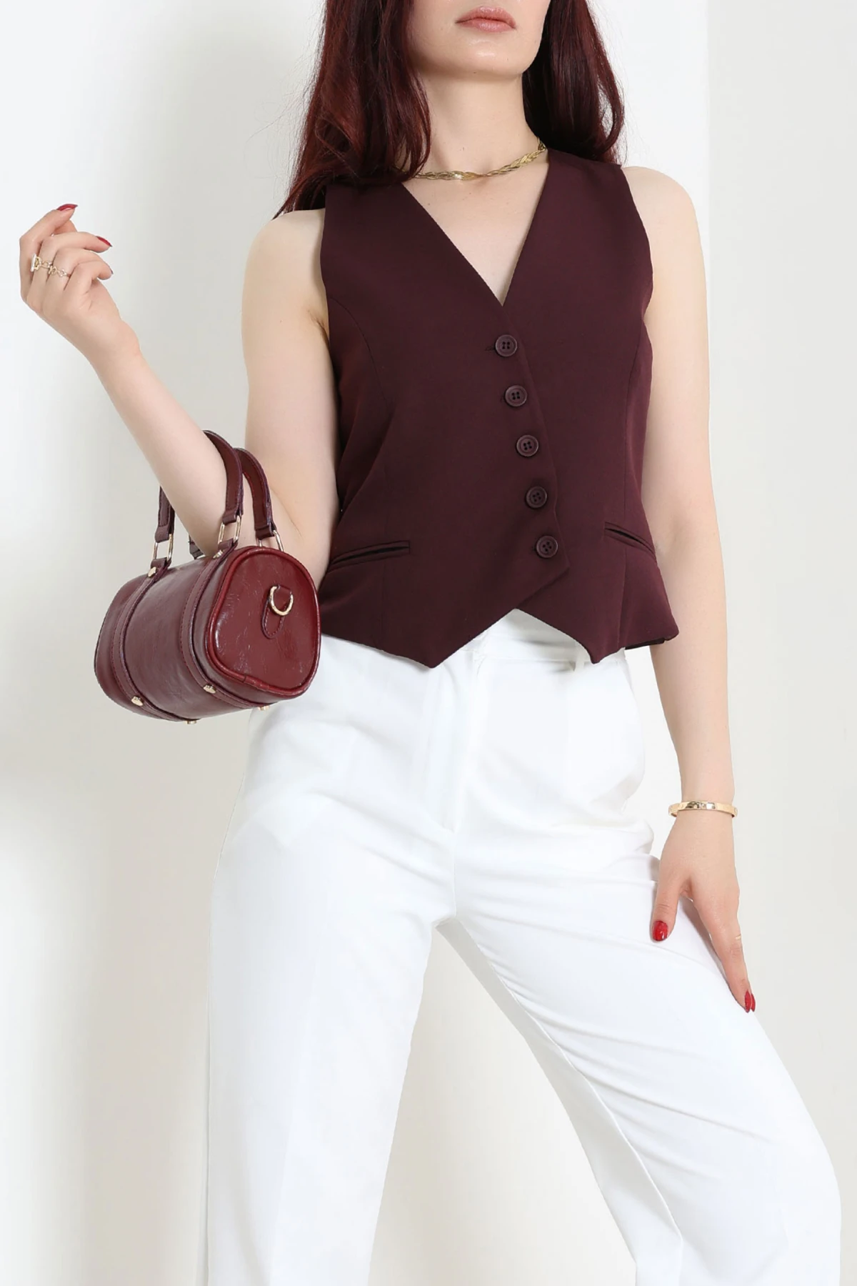 Asimetrik Kesim Astarlı Dabıl Yelek Mürdüm - 32459.1991.