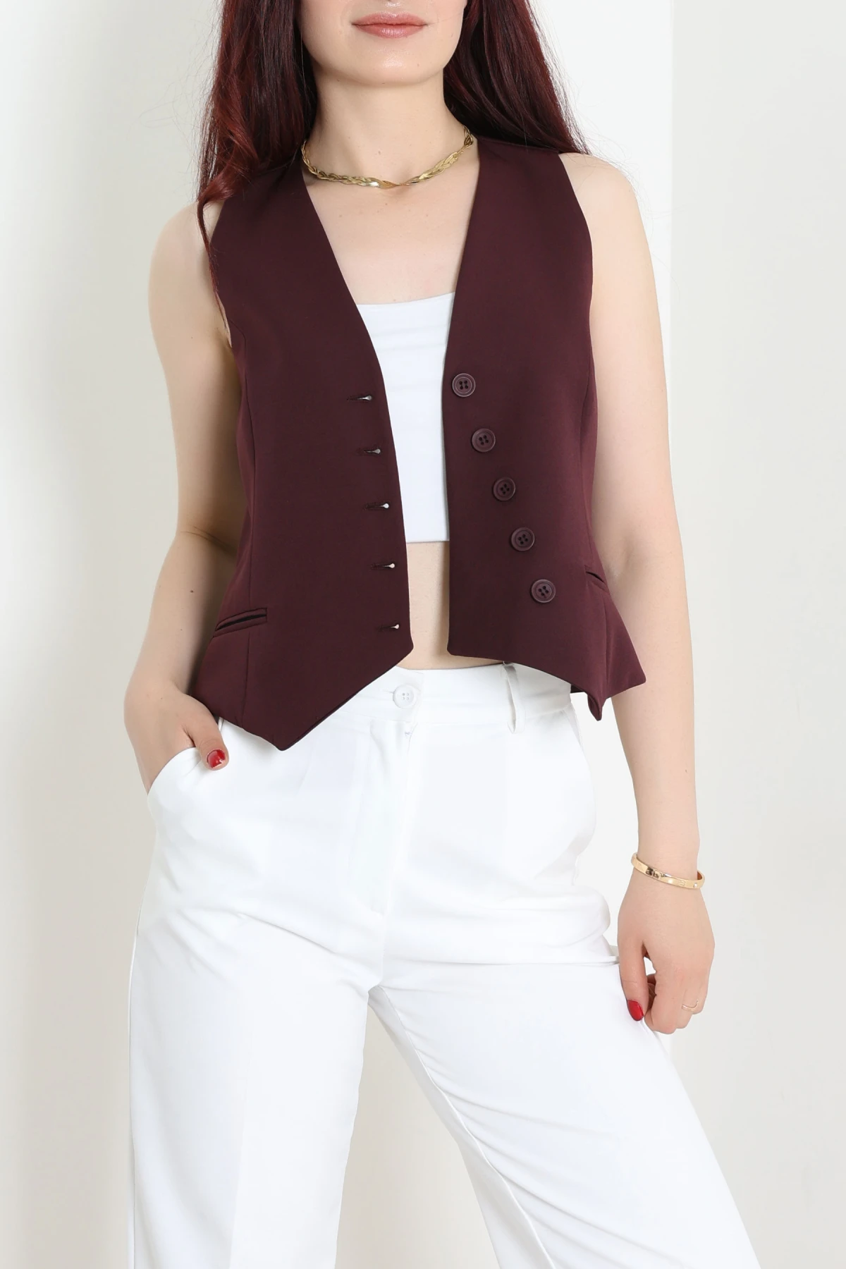 Asimetrik Kesim Astarlı Dabıl Yelek Mürdüm - 32459.1991.