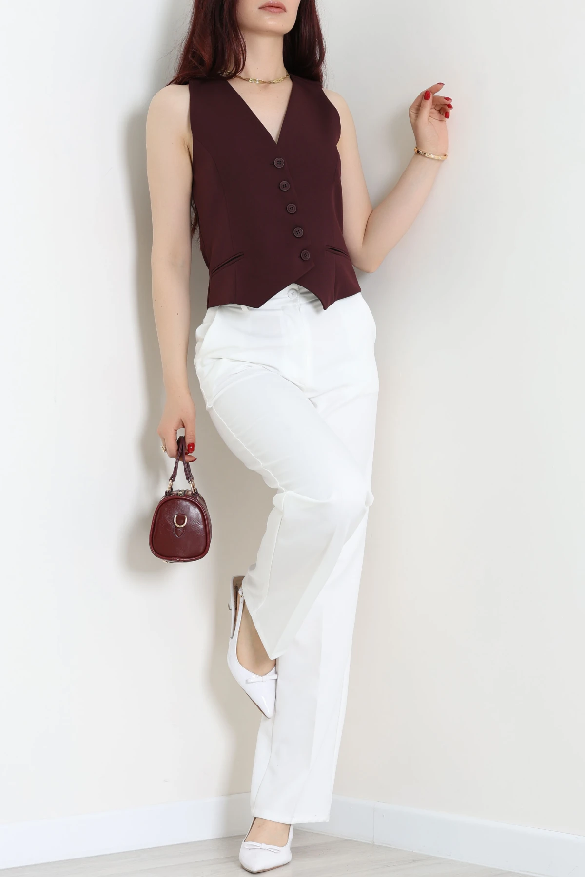 Asimetrik Kesim Astarlı Dabıl Yelek Mürdüm - 32459.1991.