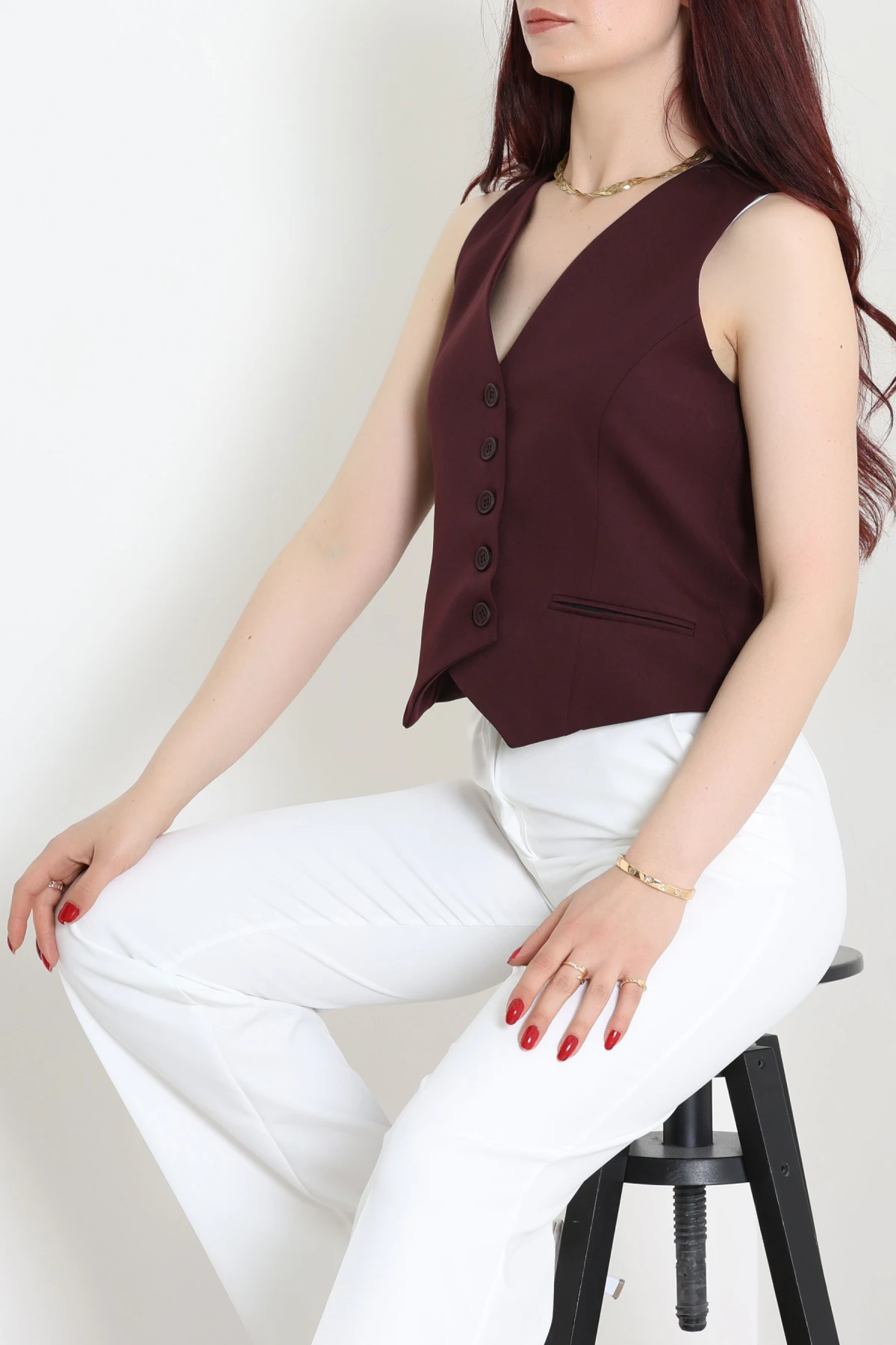 Asimetrik Kesim Astarlı Dabıl Yelek Mürdüm - 32459.1991.