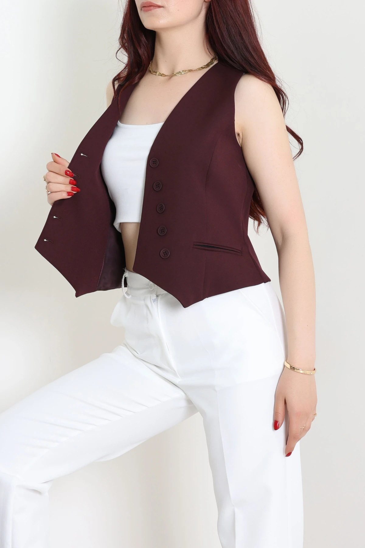 Asimetrik Kesim Astarlı Dabıl Yelek Mürdüm - 32459.1991.