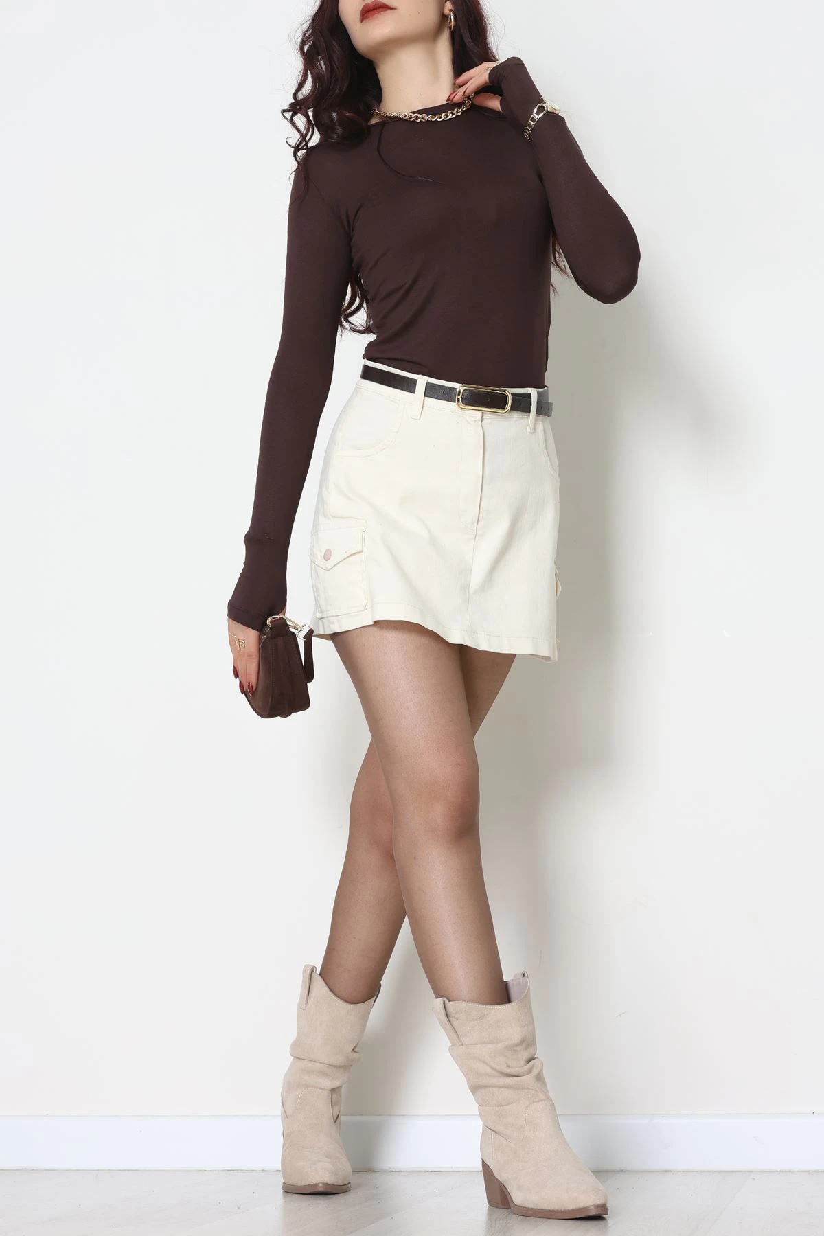 Bisiklet Yaka Parmak Geçmeli Viskon Body Acıkahve - 40075.599.