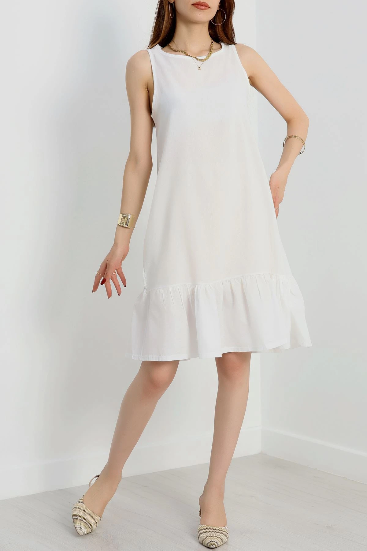 Altı Fırfırlı Elbise Beyaz - 41851.1723.