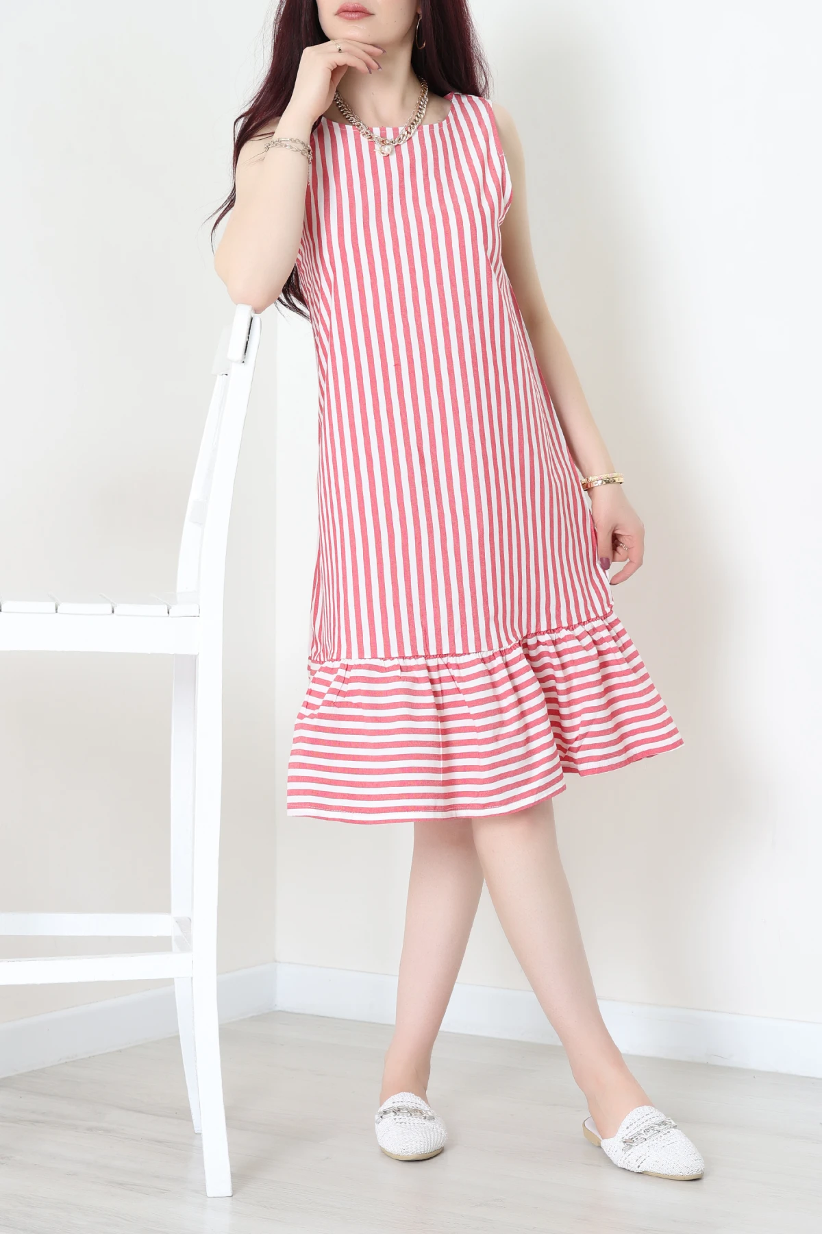 Altı Fırfırlı Elbise Beyazkırmızı - 41851.1723.