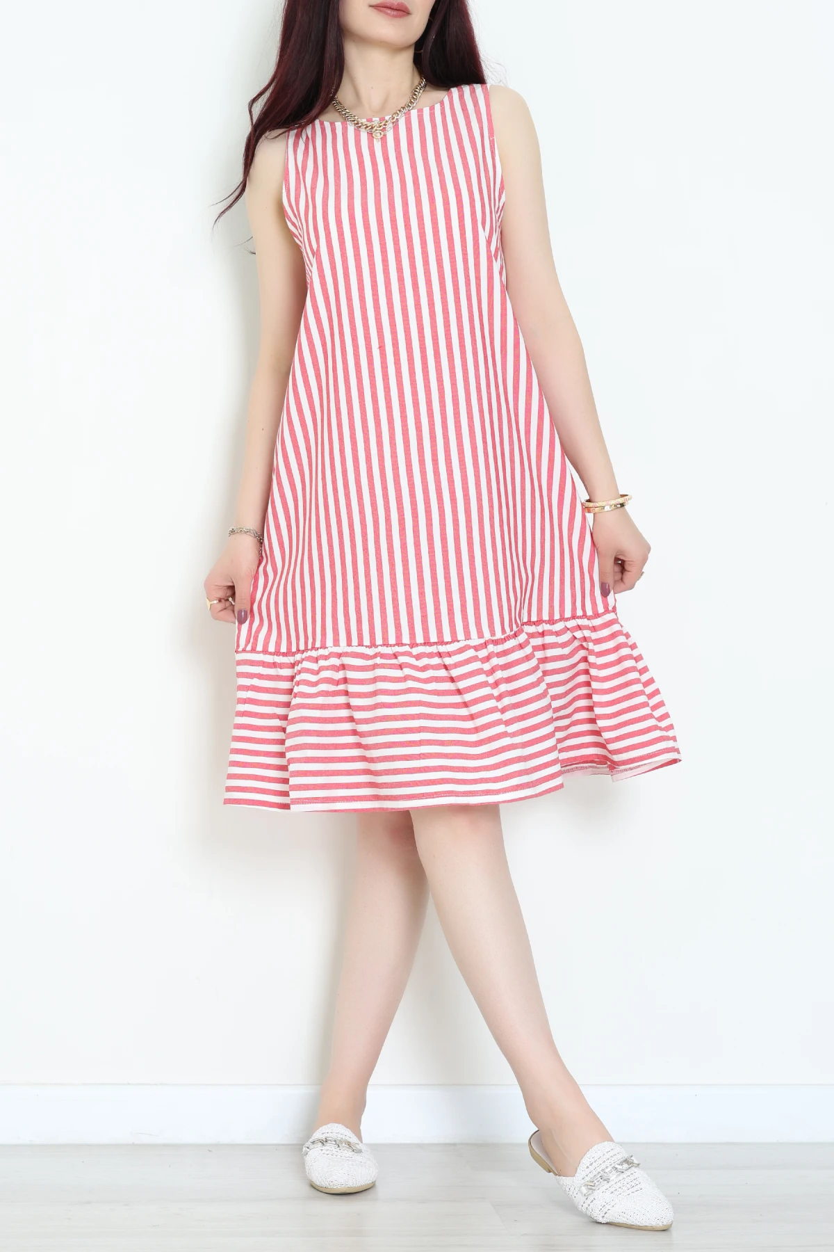 Altı Fırfırlı Elbise Beyazkırmızı - 41851.1723.