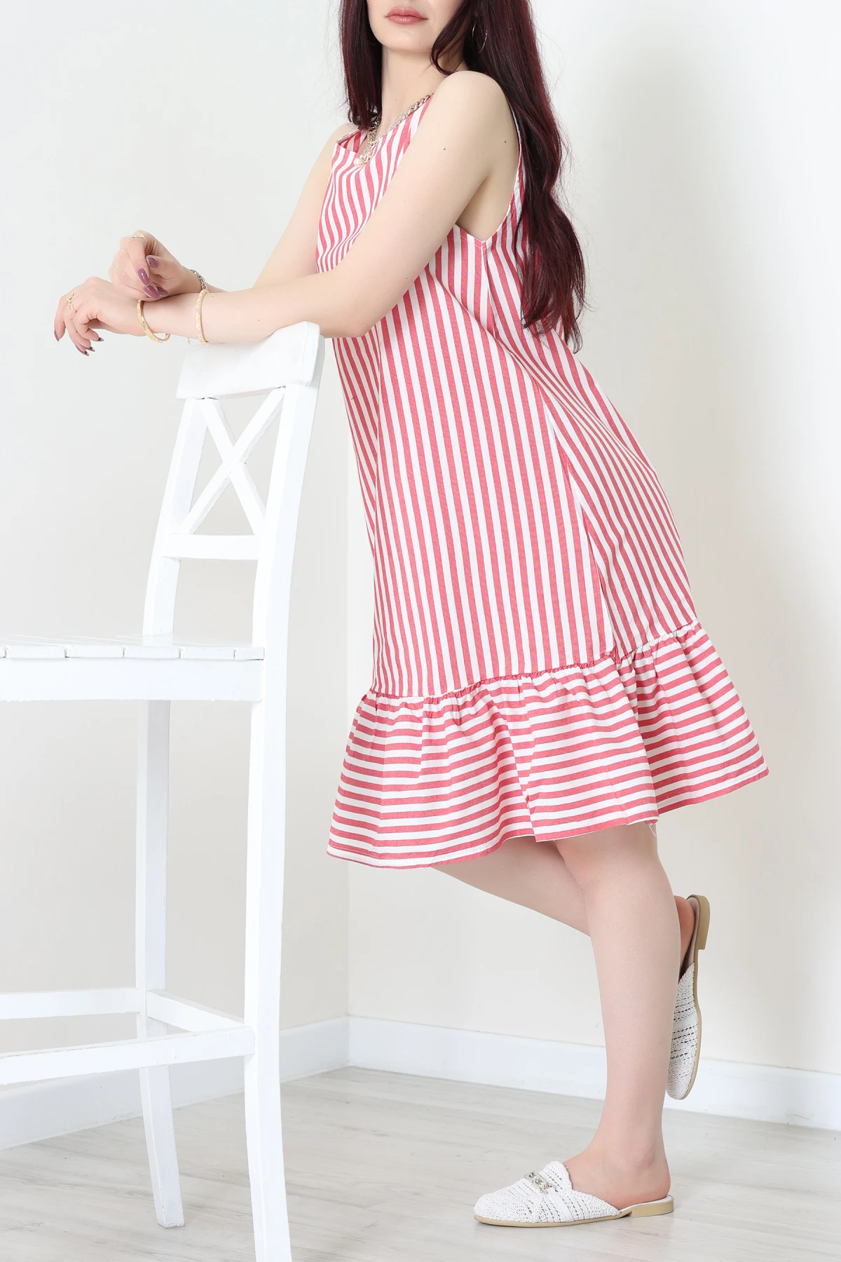 Altı Fırfırlı Elbise Beyazkırmızı - 41851.1723.