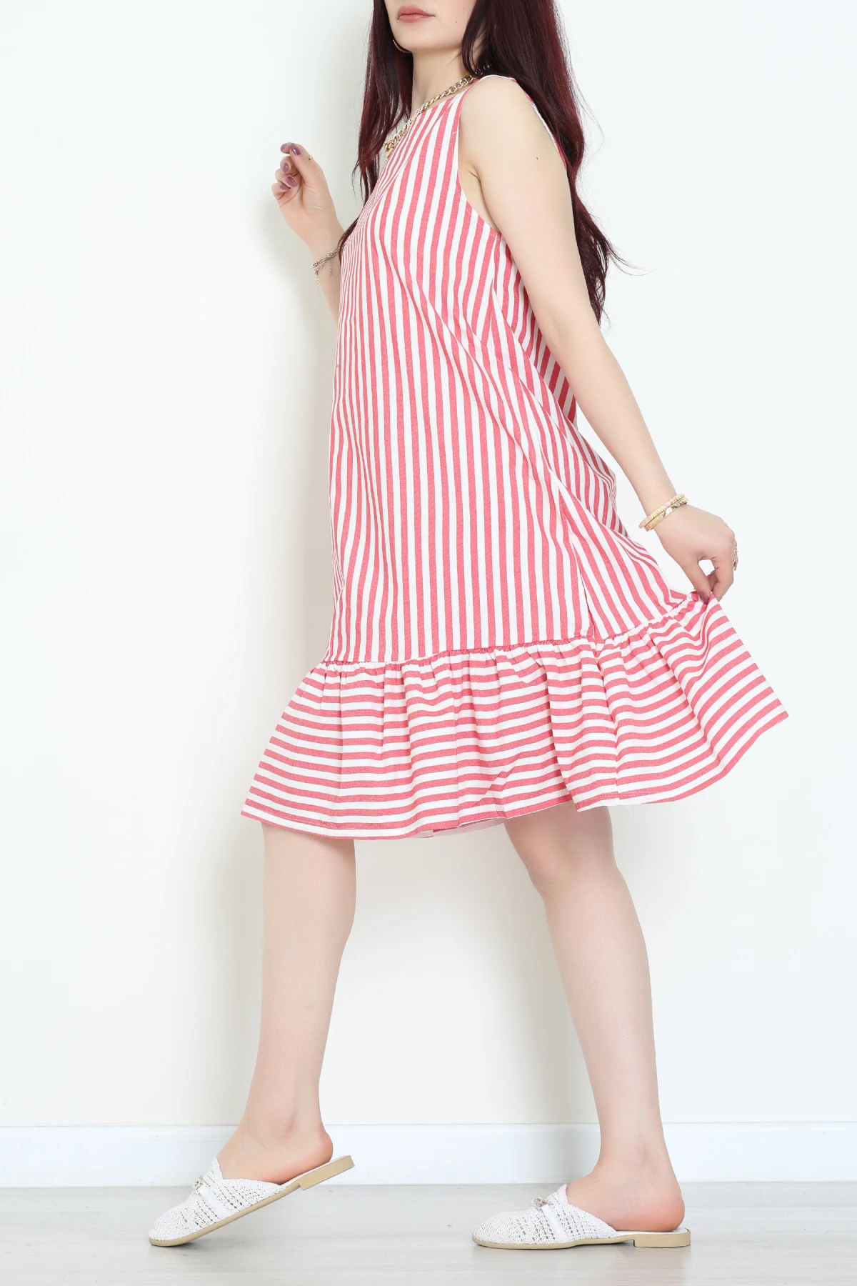 Altı Fırfırlı Elbise Beyazkırmızı - 41851.1723.