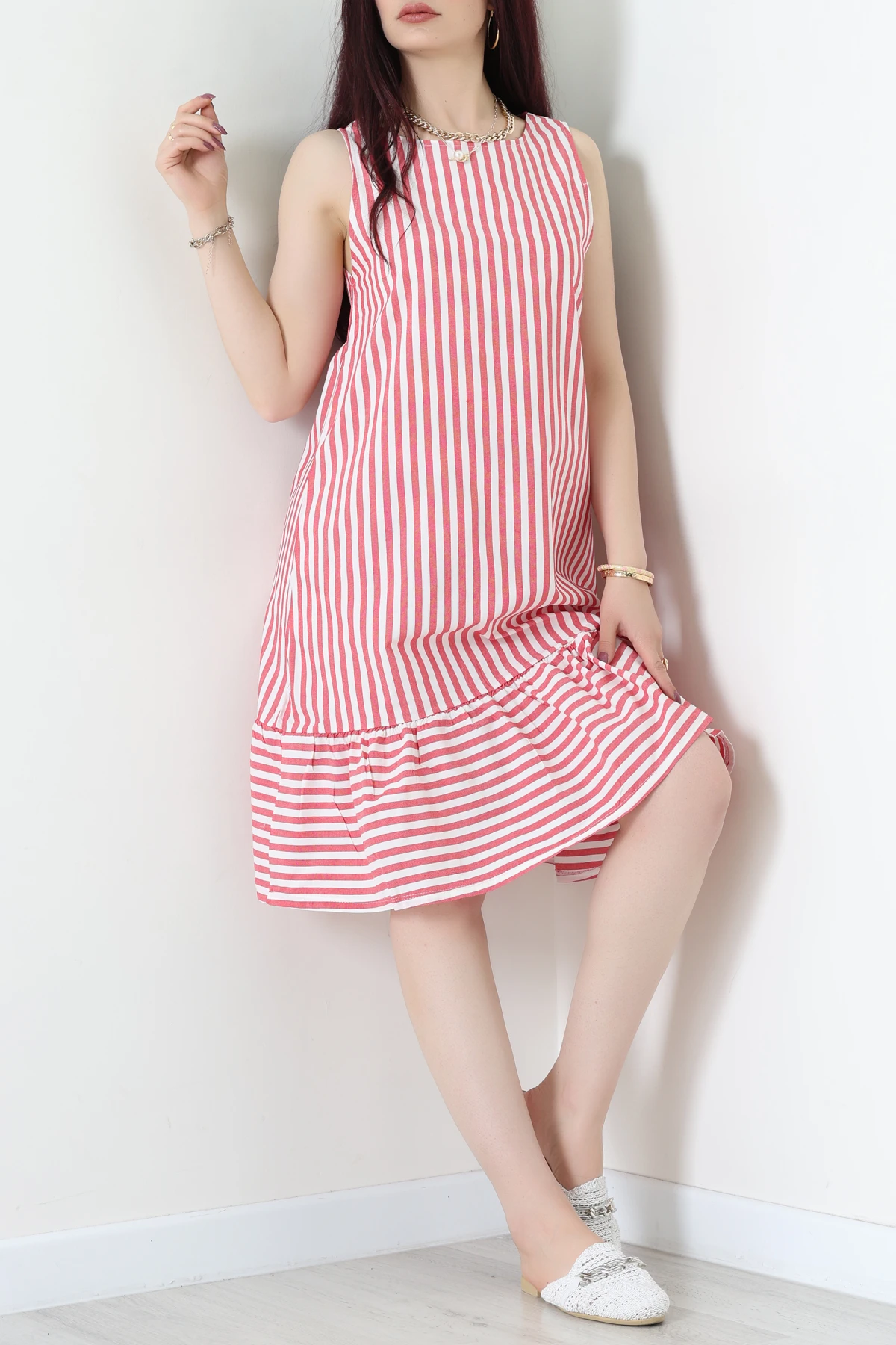 Altı Fırfırlı Elbise Beyazkırmızı - 41851.1723.