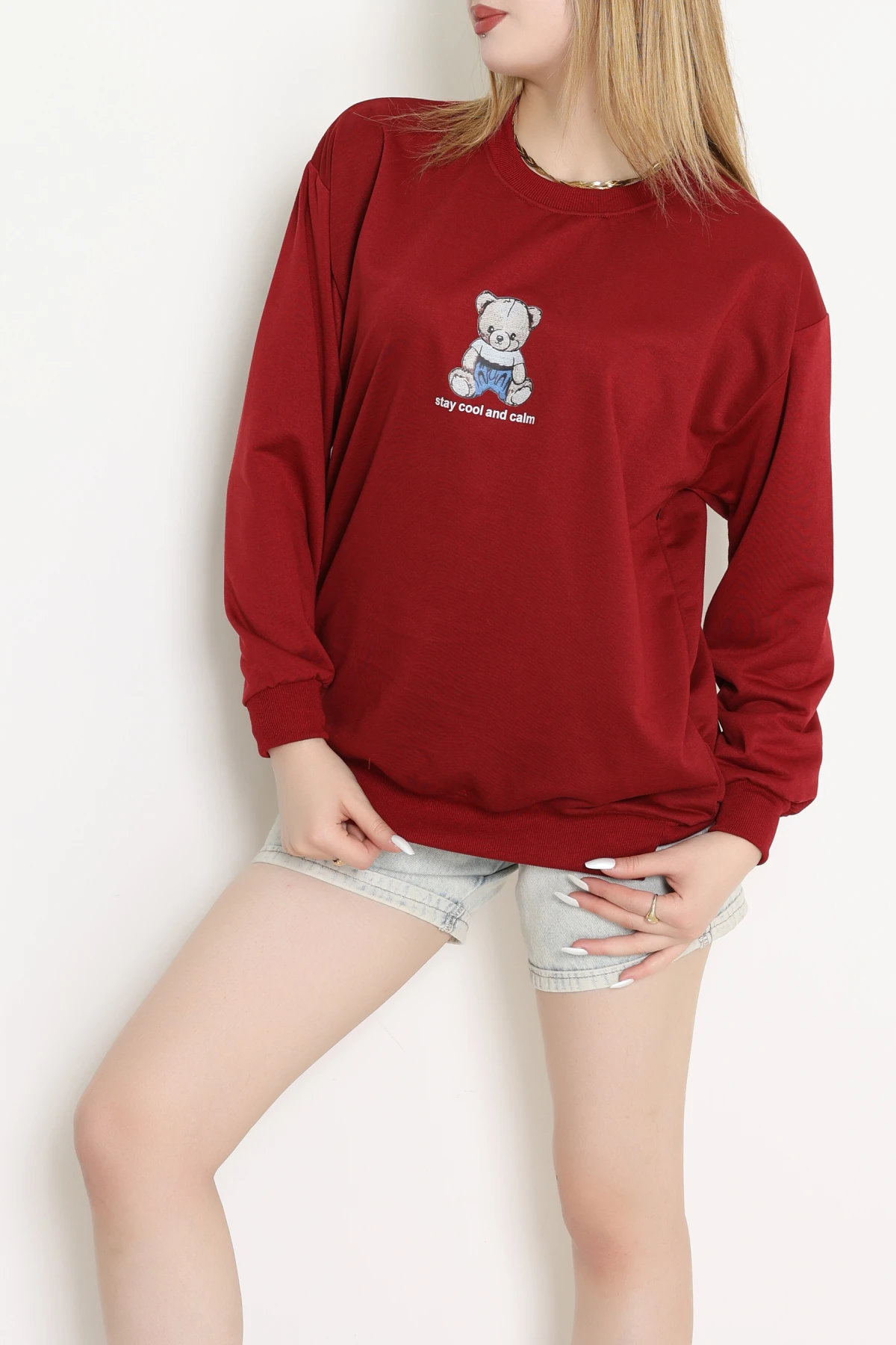 2 İplik Bisiklet Yaka Sweat Bordo - 42715.1878.