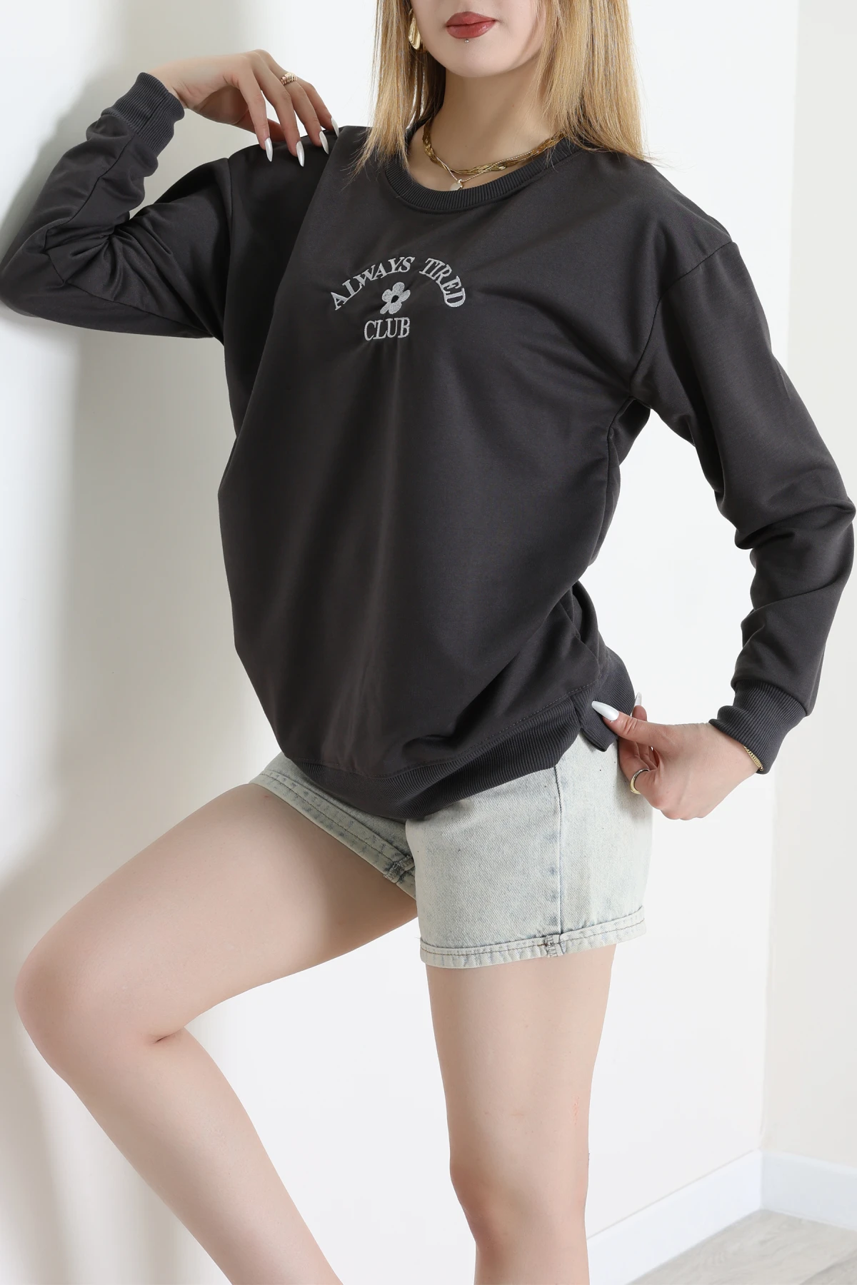 2 İplik Bisiklet Yaka Sweat Antrasit - 42716.1878.