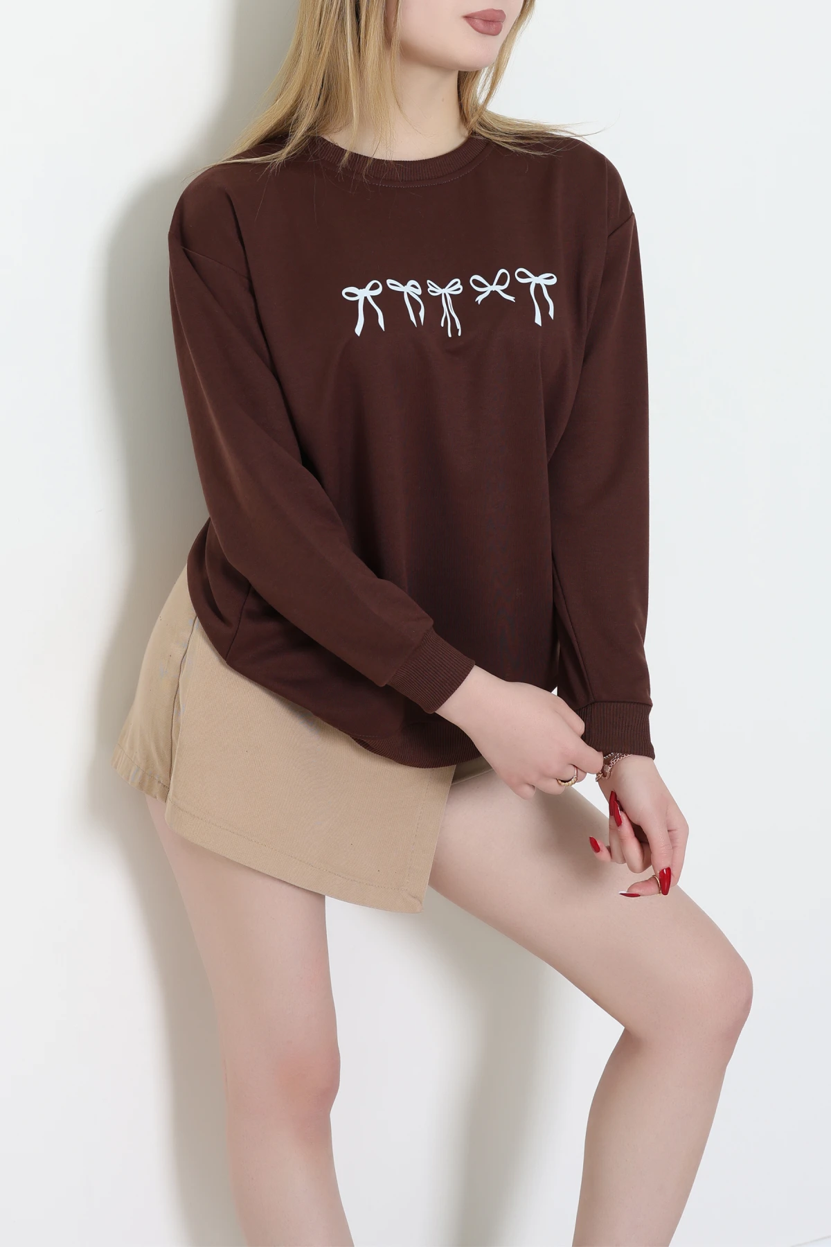 2 İplik Baskılı Sweat Kahvebej - 42718.1878.