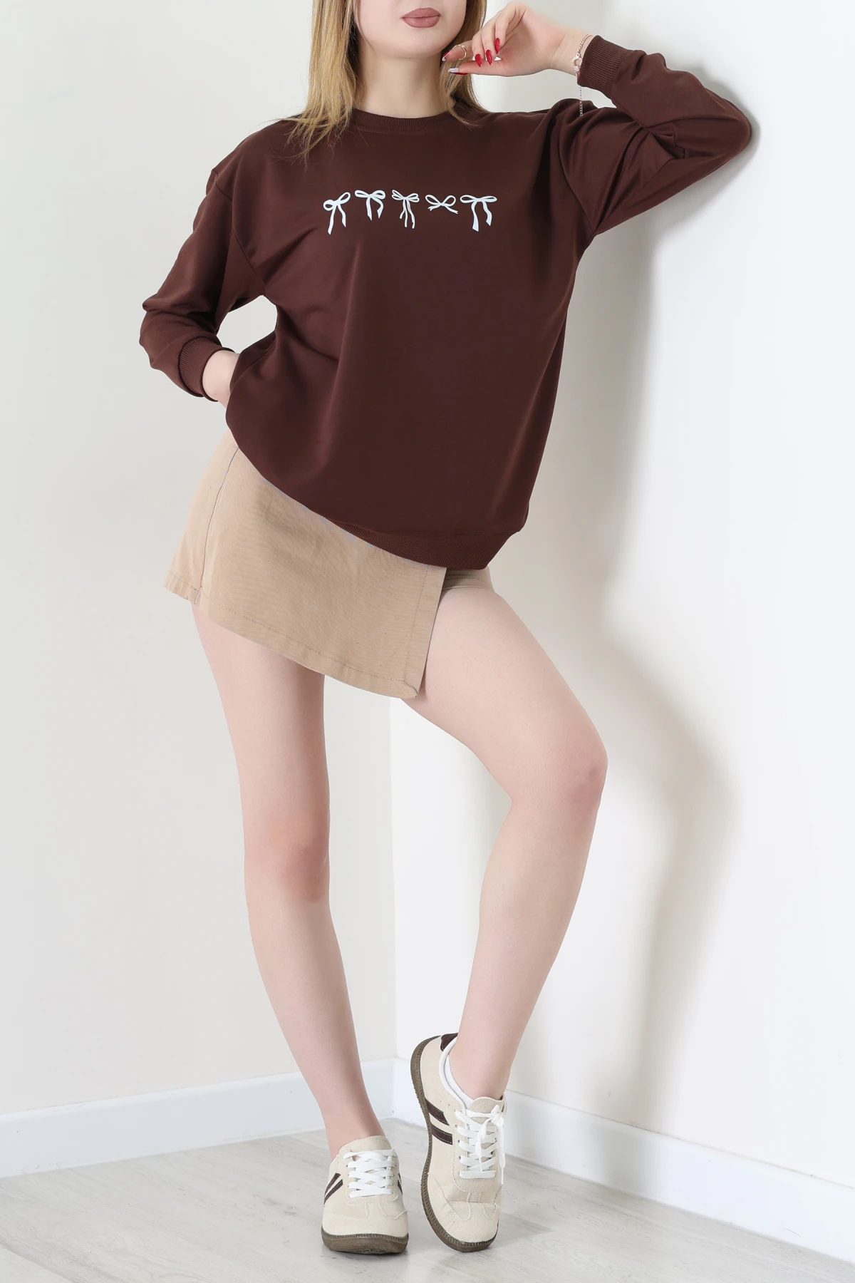 2 İplik Baskılı Sweat Kahvebej - 42718.1878.